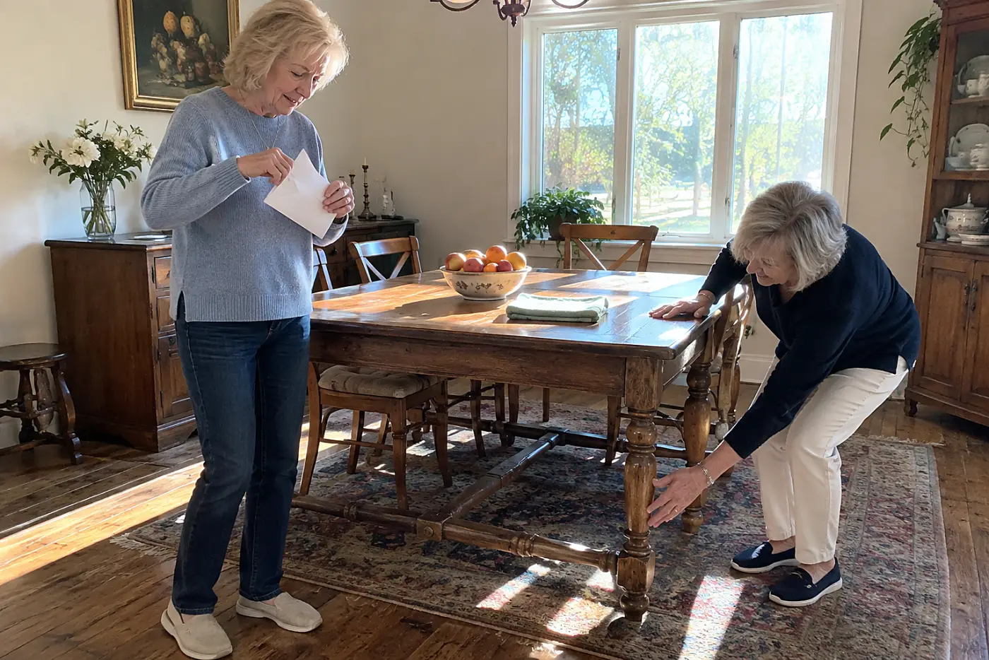 Older woman opening a property tax notice at her dining table.
