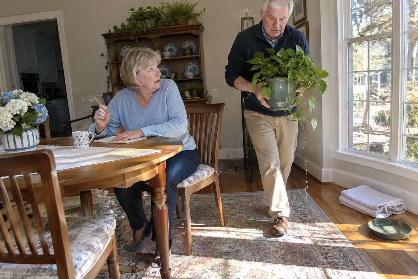 Older woman listing daily household tasks at her dining table.