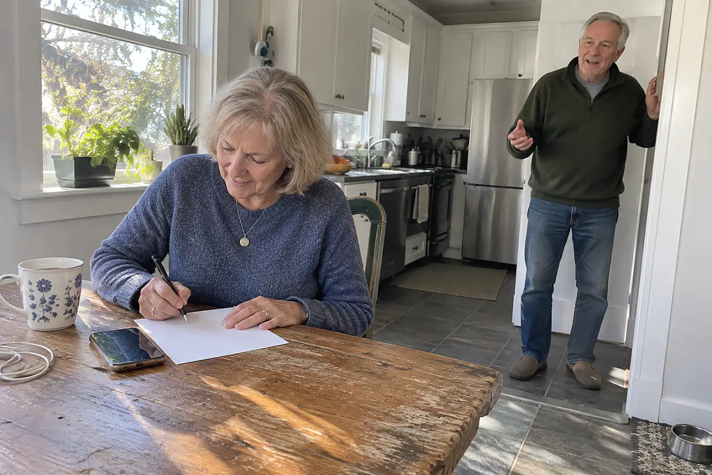 Older woman writing contractor numbers on paper beside her phone.