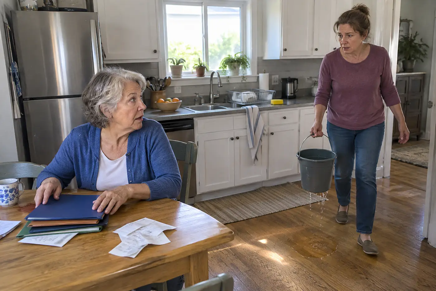 Older woman comparing service contracts with repair receipts in her kitchen.