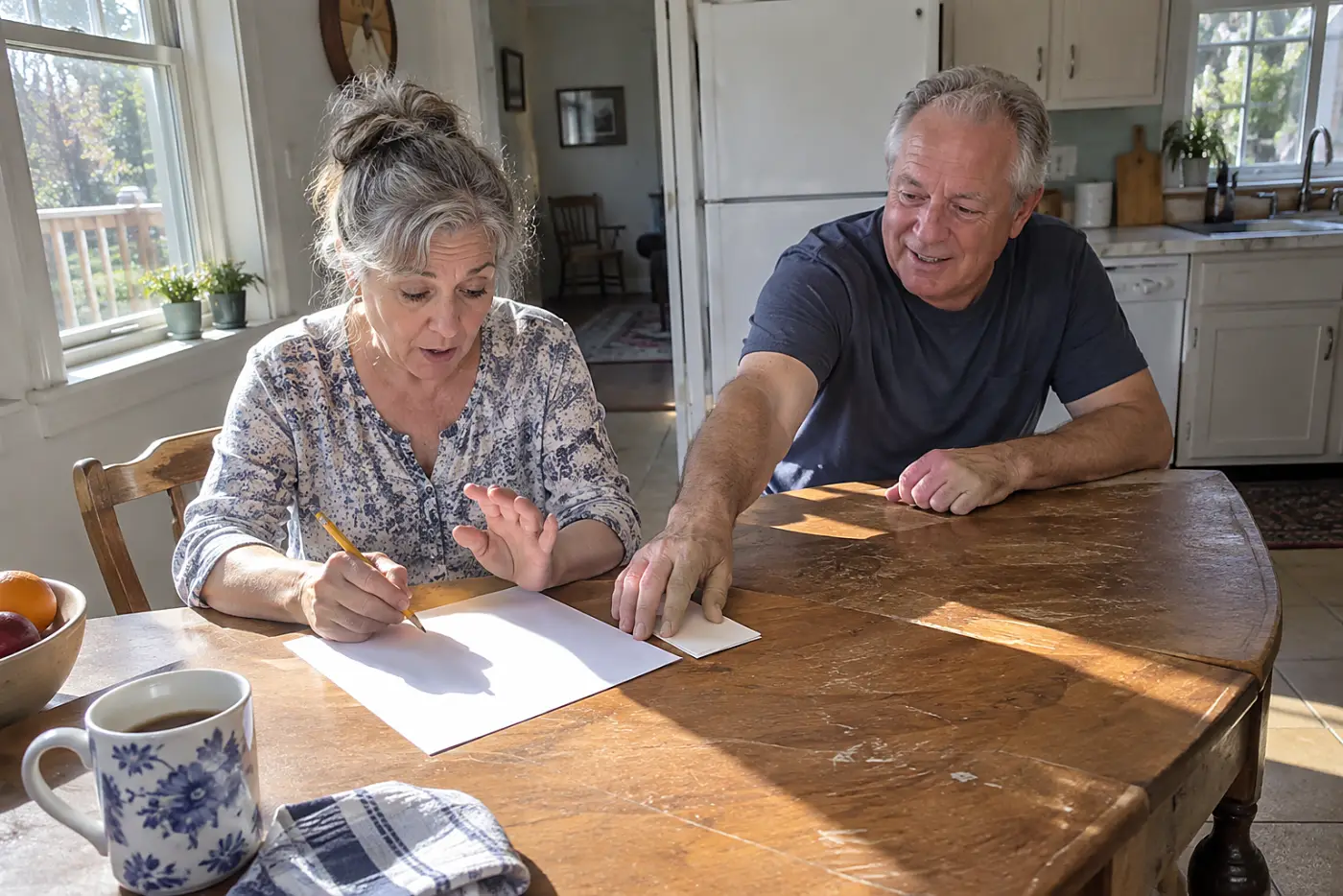 Older woman marking charges on a cable bill at her kitchen table.