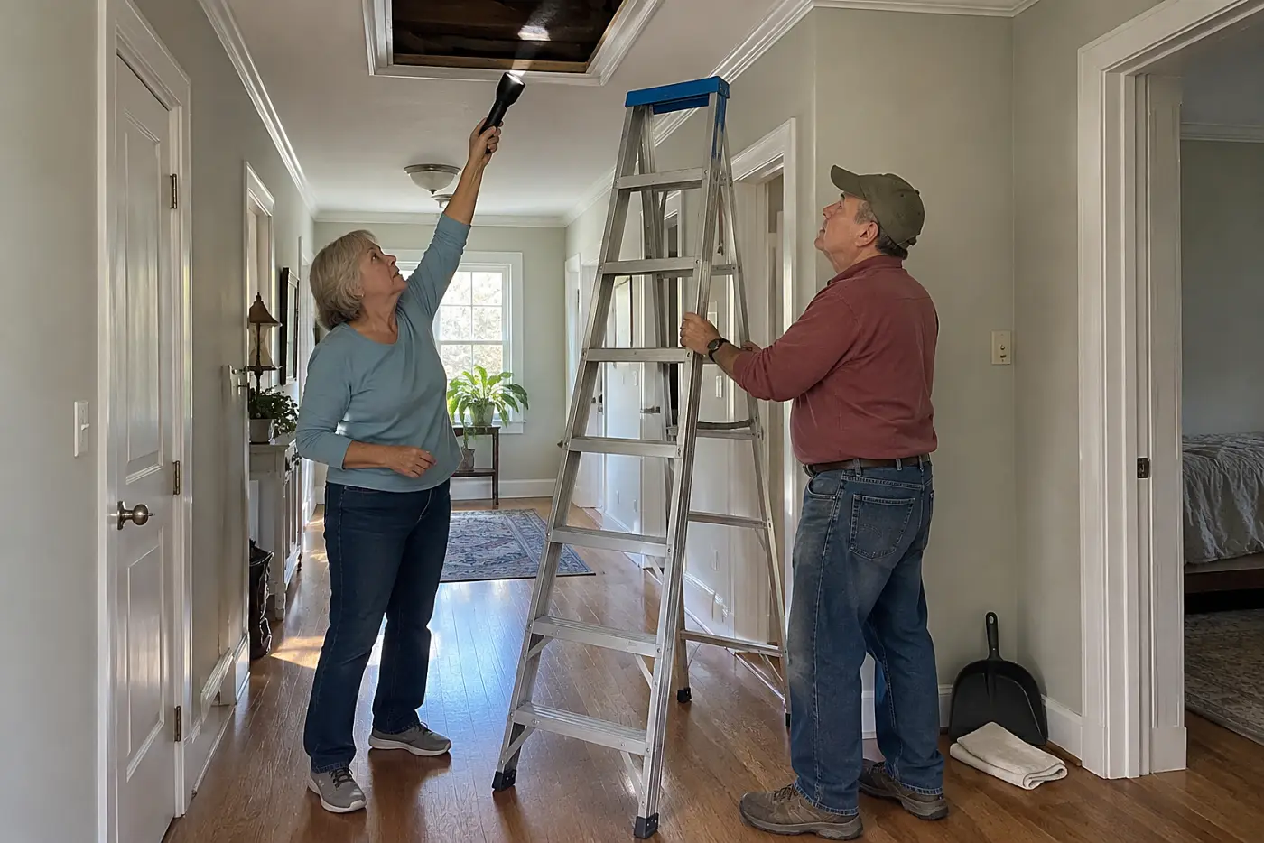 Older woman pointing a flashlight toward an attic hatch in her hallway.