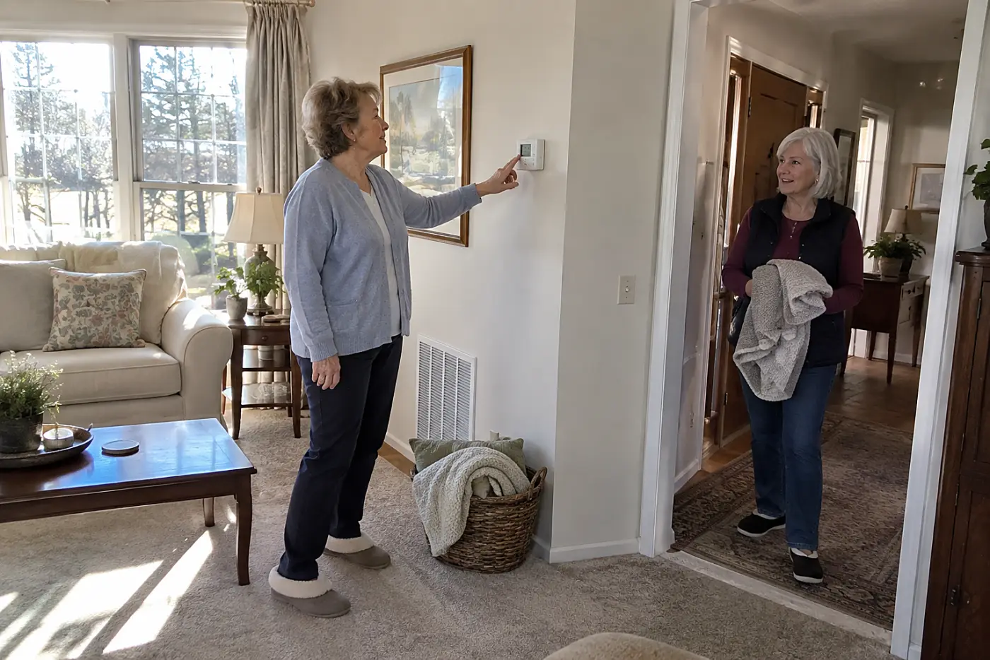 Older woman checking her thermostat in an empty living room.