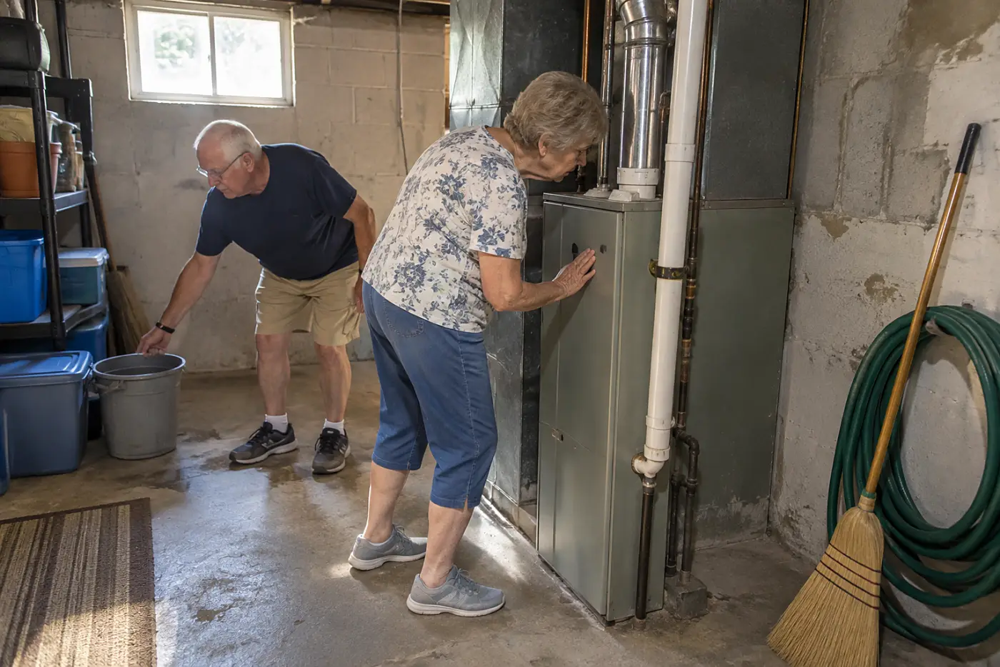 Older woman reading the model label on her basement furnace.
