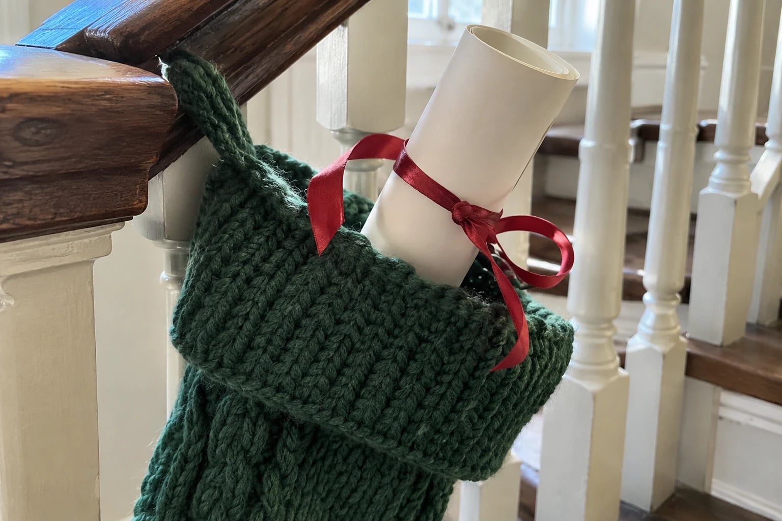 A small roll of cream paper tied with red ribbon, rolled shut so nothing written shows, is tucked into the top of a knit stocking hanging from a wooden stair banister.