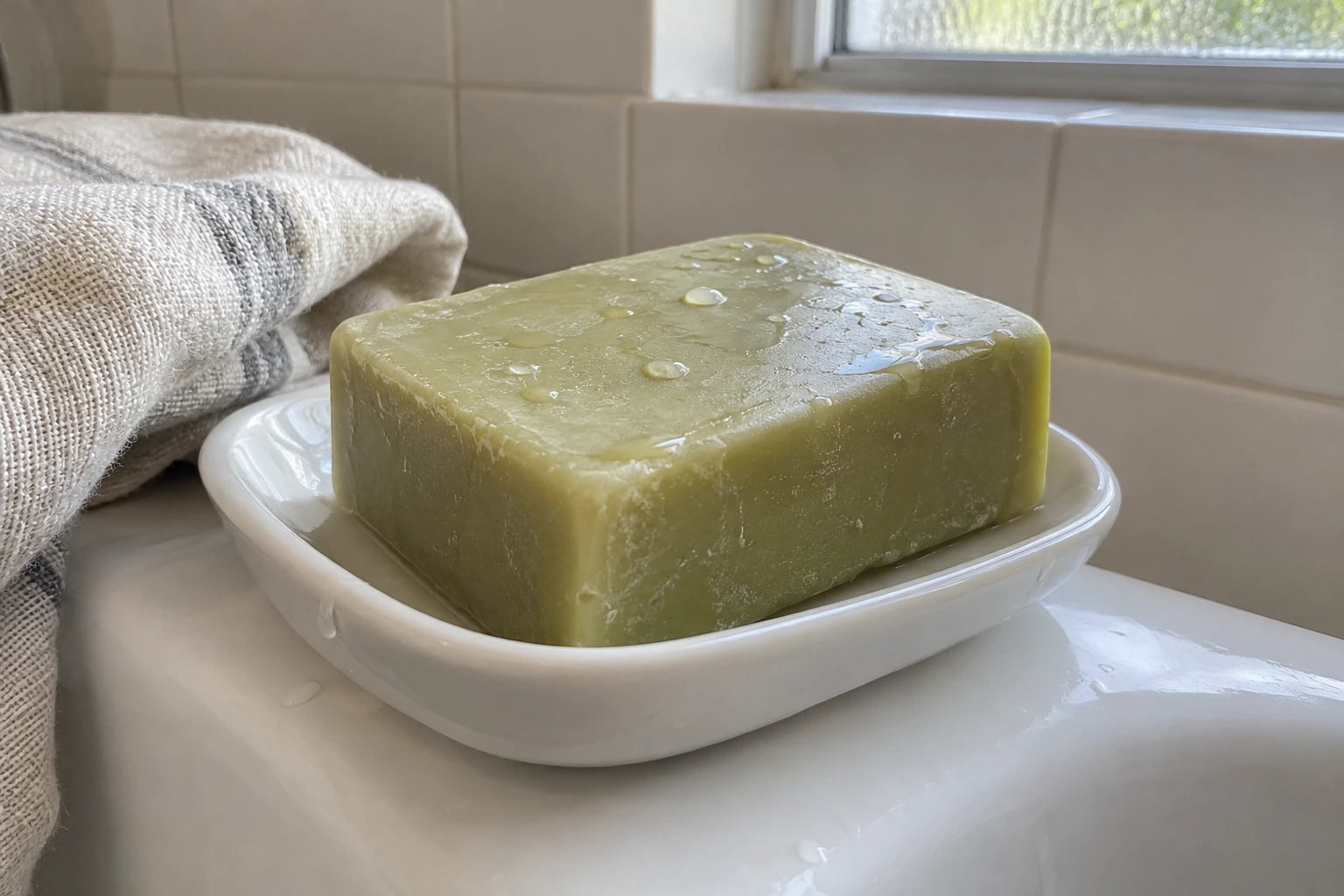 A thick pale green bar of unstamped olive oil soap rests on a ceramic dish at the edge of a white bathtub in daylight.