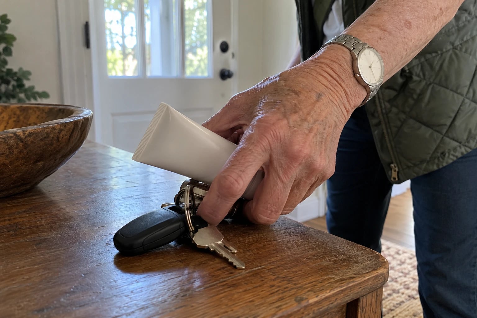 A woman's hand picks up a small sunscreen tube beside car keys on a wooden hall table.