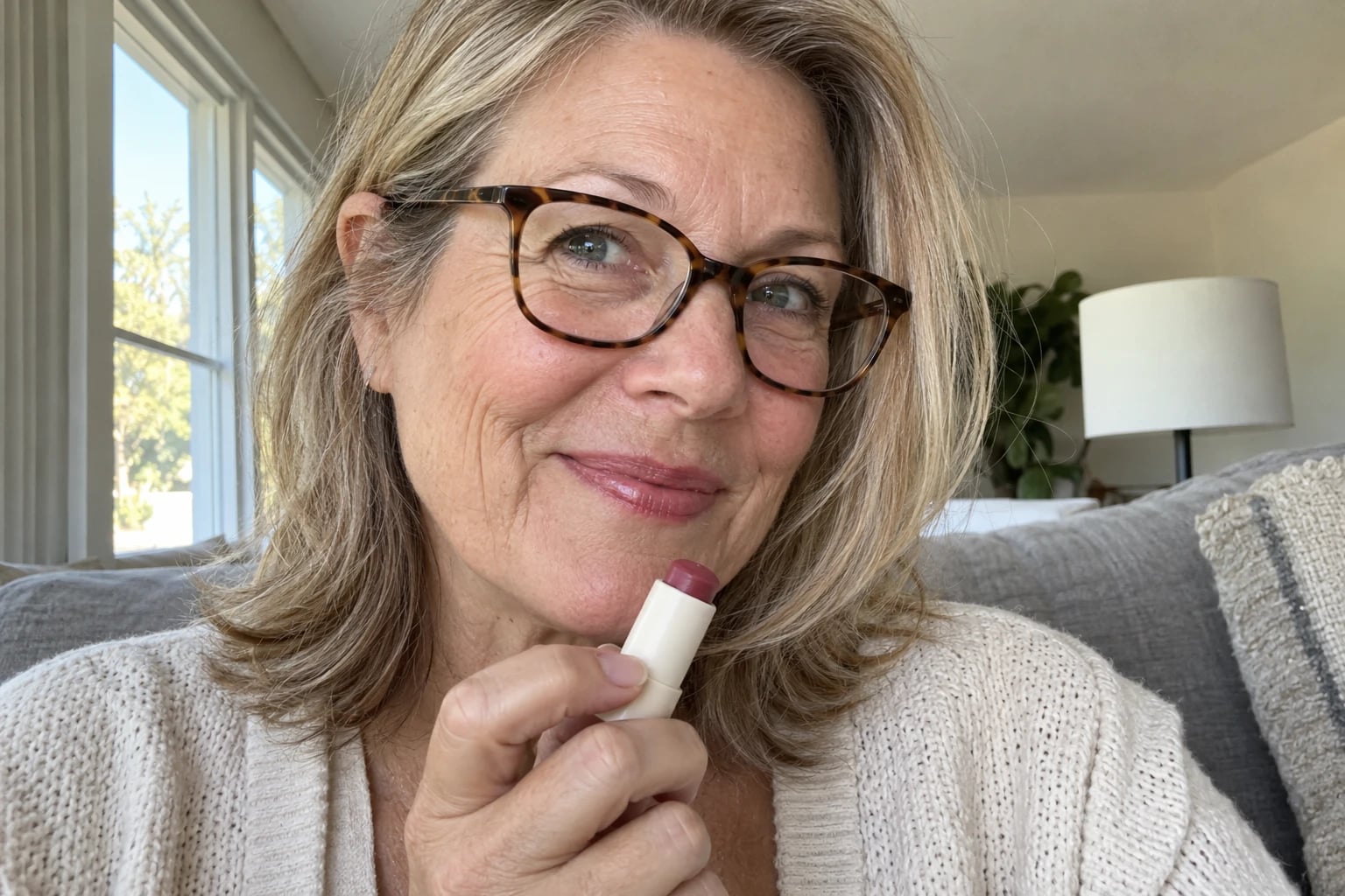 A tinted lip balm in a plain, unprinted tube, cap off to show a sheer berry color, is held between the fingers of a woman in her fifties standing by a living room window in daylight.