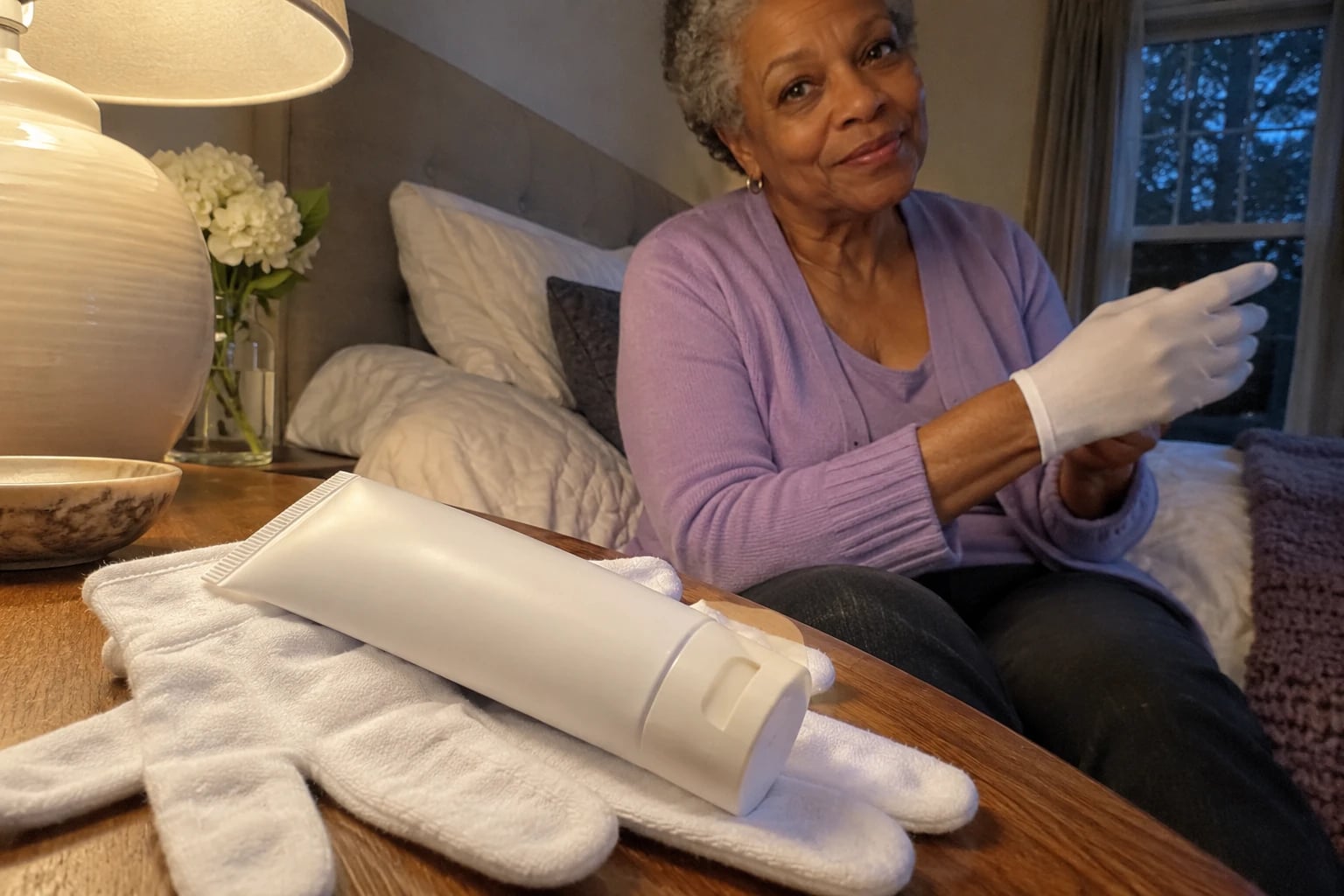 A plain, unprinted white tube of hand cream lies across a pair of white cotton gloves on a bedside table, while a woman in her sixties sitting on the edge of the bed pulls on a matching glove.