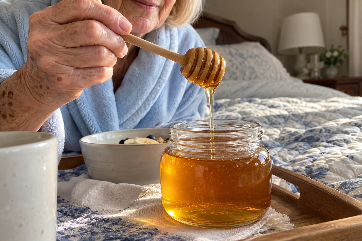 A squat unlabeled glass jar of amber raw honey with a wooden dipper sits on a breakfast tray on a bedspread, morning light from a bedroom window shining through it.