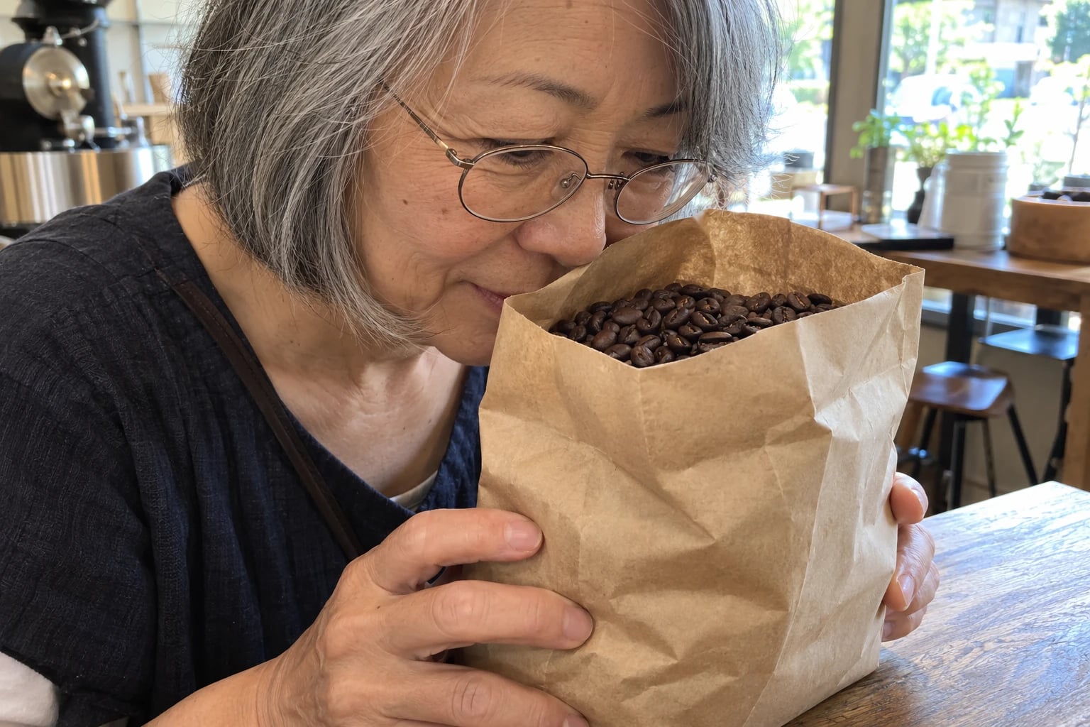 A plain, unprinted brown paper bag of whole coffee beans, open at the top so the dark beans show, is held in the hands of a woman in her sixties at the wooden counter of a small coffee roaster's shop.