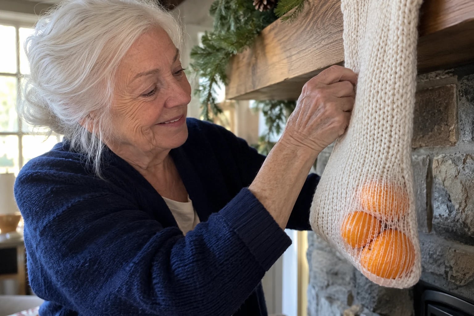A smiling white-haired woman in a navy cardigan hangs a cream stocking filled with clementines on a mantel.