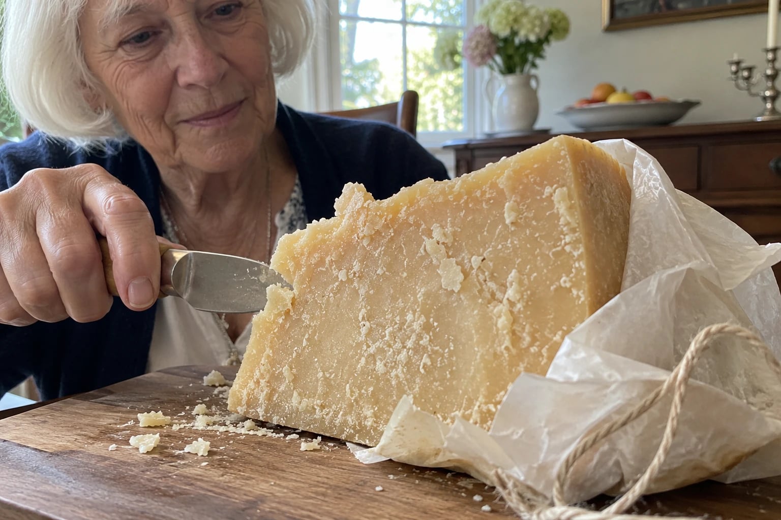 A woman in her seventies digs a knife into a crystalline wedge of aged Parmigiano Reggiano on a wooden board.