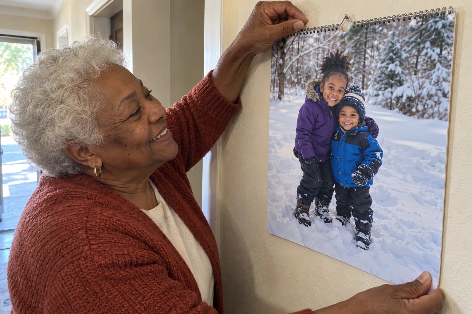 A gray-haired woman in a rust sweater hangs a calendar showing two smiling children in snow jackets.