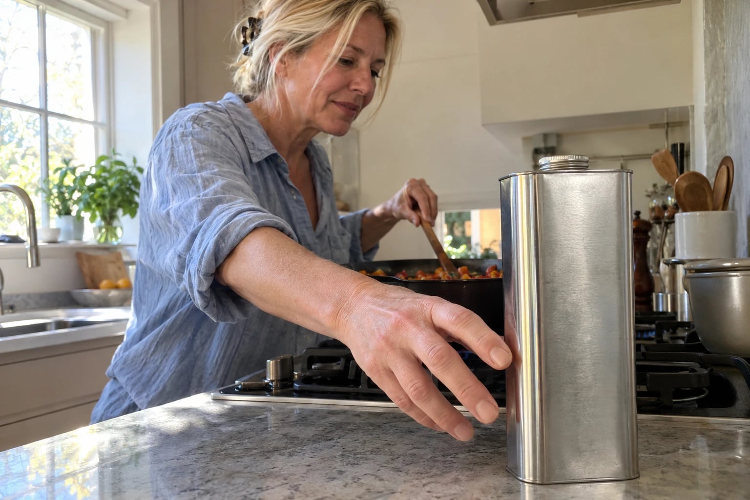 A blonde woman in a chambray shirt reaches for a tall steel olive oil tin while stirring vegetables on the stove.