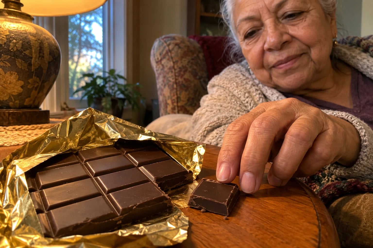 A gray-haired woman in a cream cardigan reaches for a broken square of gold-wrapped dark chocolate on a wooden table.
