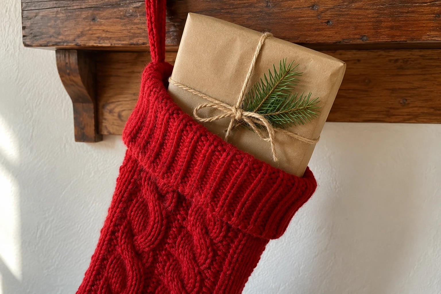 A paperback wrapped in plain brown paper and tied with twine pokes out of the top of a red knit stocking hanging from a mantel.