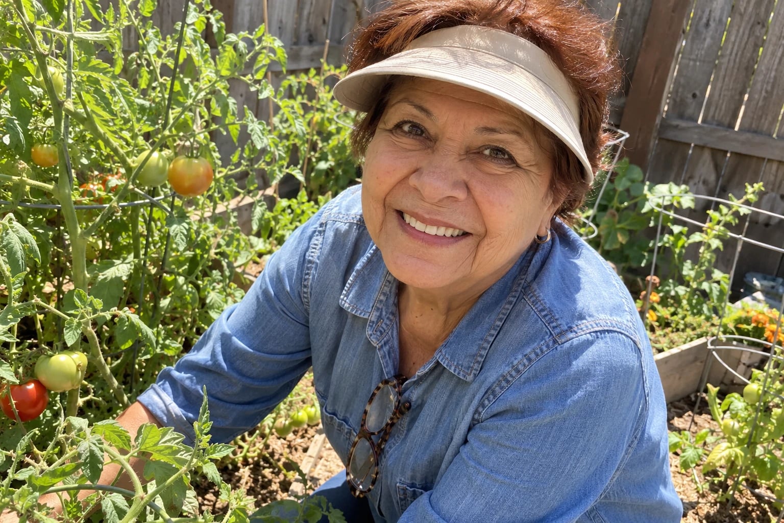 Tortoiseshell reading glasses hang hooked into the neckline of a woman in her sixties kneeling in her vegetable garden in daylight.