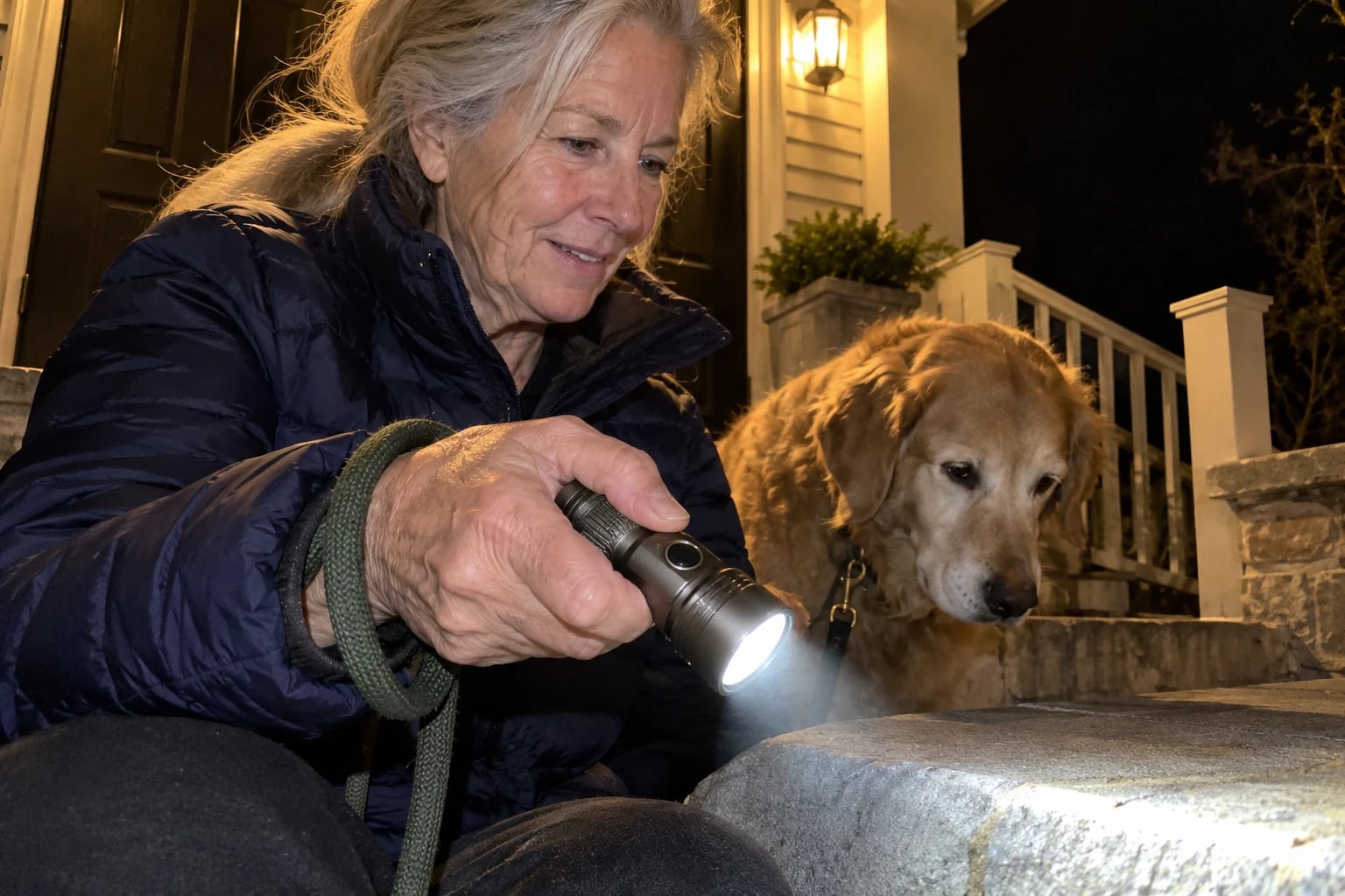 A stubby metal flashlight with a large round button, beam on, is held by a woman in her sixties on her front porch steps at night with a dog leash looped over her wrist.