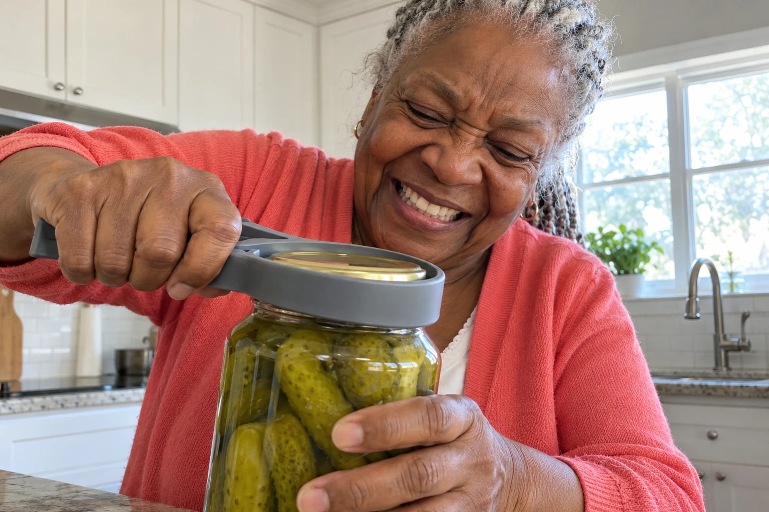 A wide rubber-loop jar opener grips the lid of an unlabeled glass jar held by a woman in her sixties at a kitchen counter.