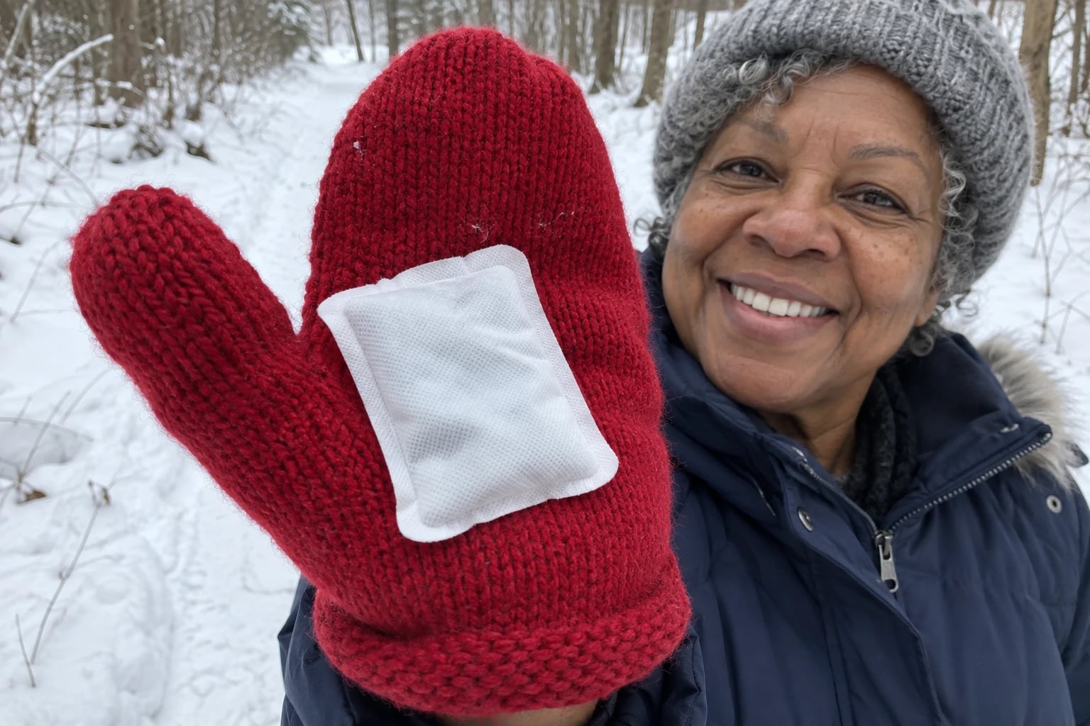 A small plain white hand warmer pouch nestles in the palm of a knit mitten held out by a woman in her sixties on a snowy walking trail.