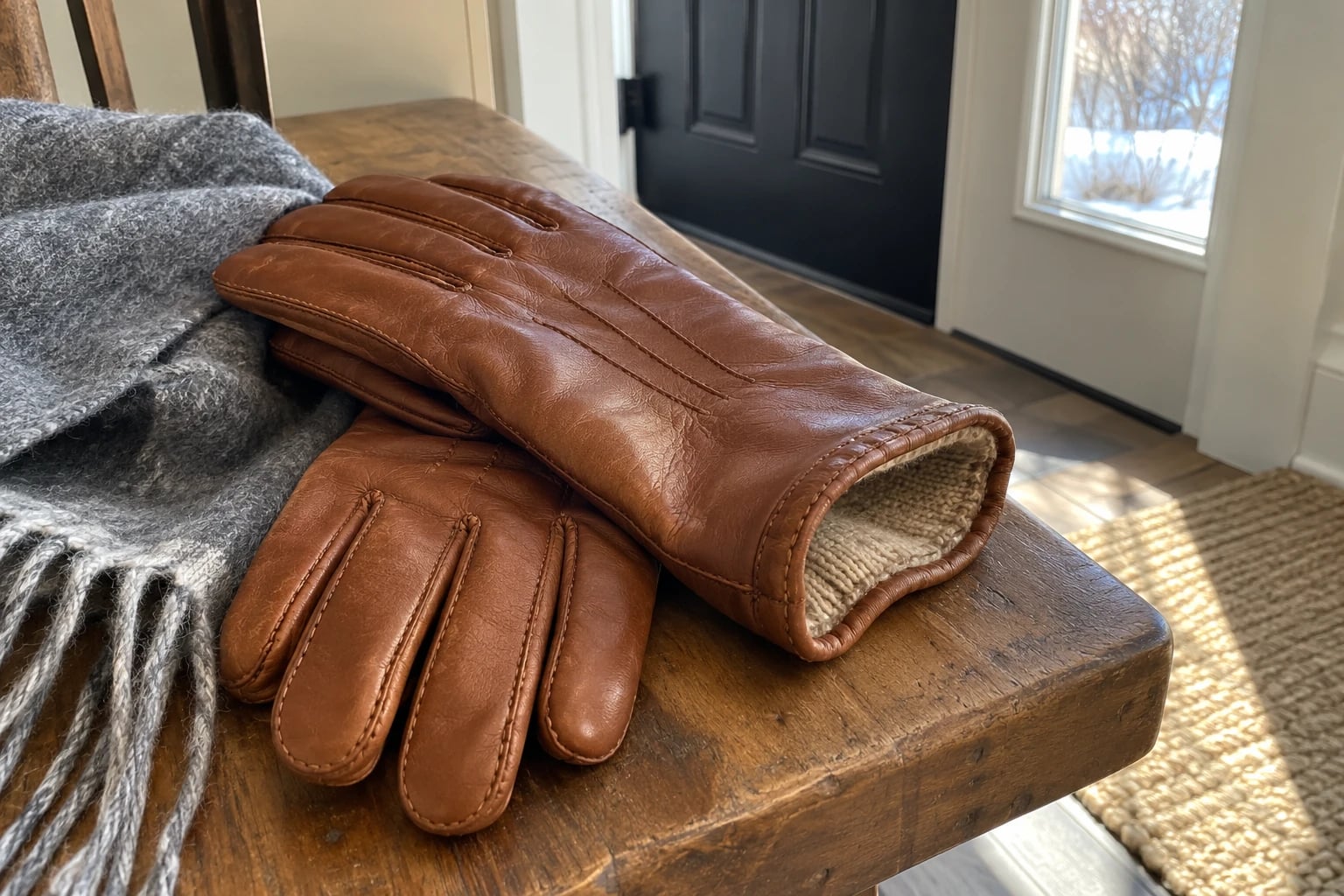 Cognac leather gloves with knit lining rest on a wooden bench beside a gray throw and front door.