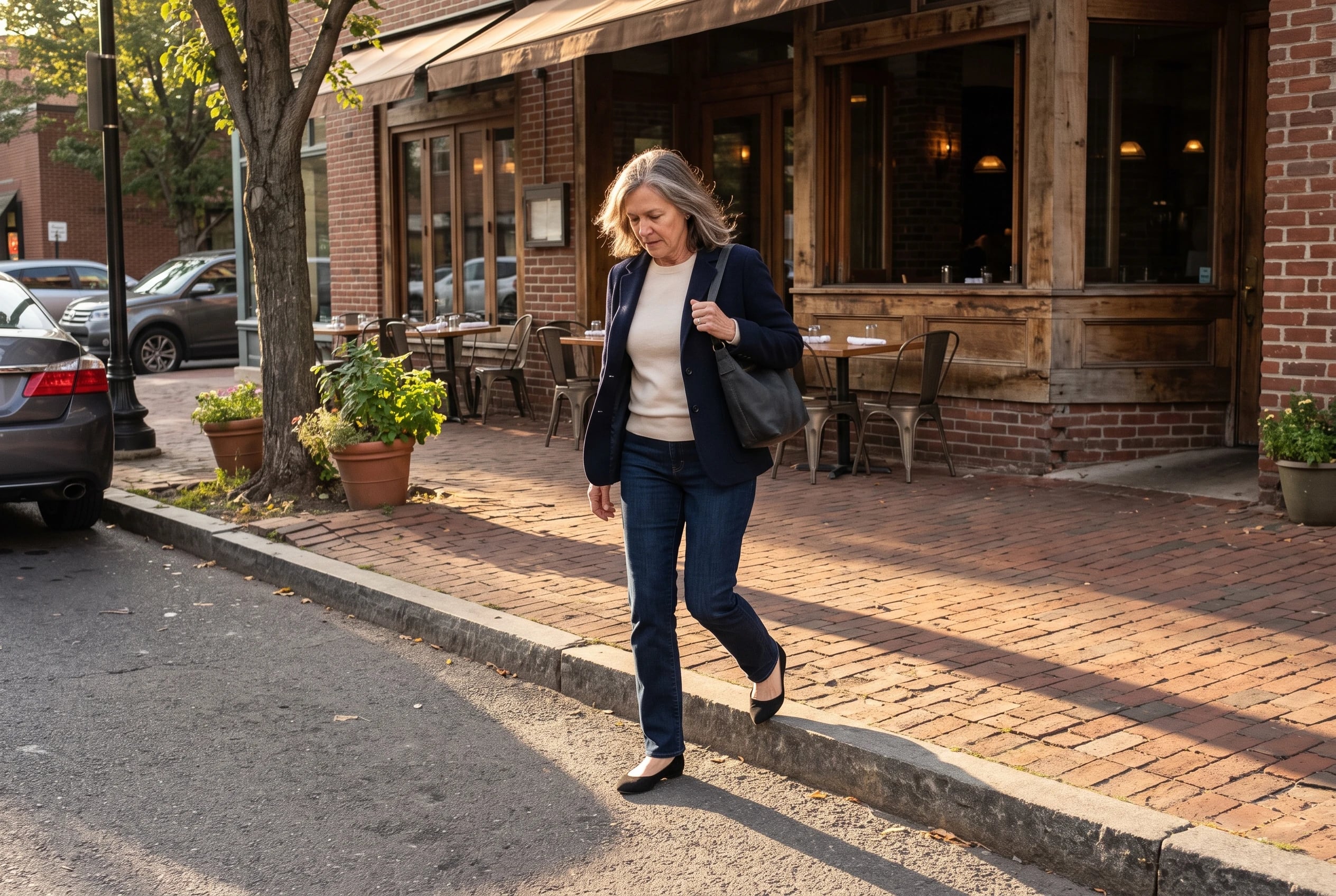 A woman steps off a curb wearing dark straight-leg jeans, a navy blazer, and pointed flats.