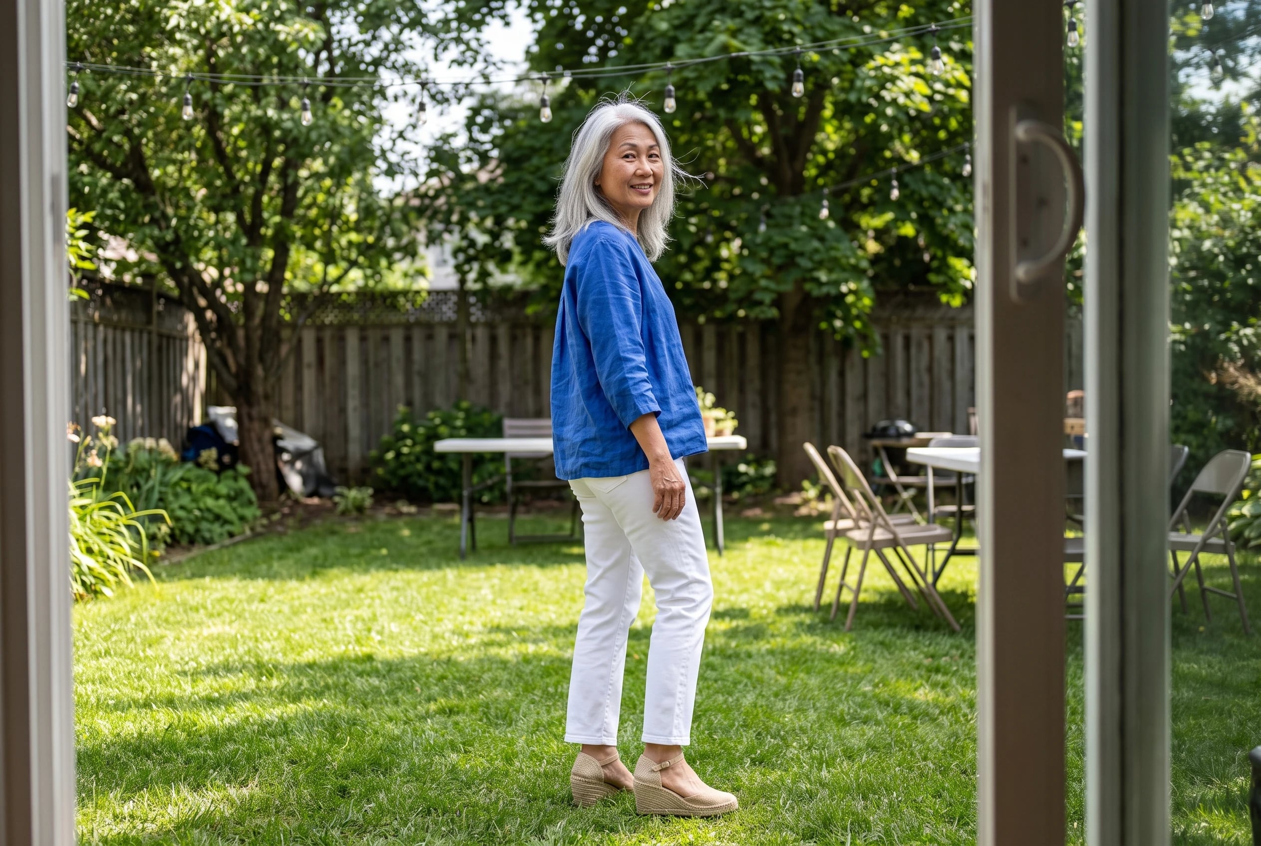 A woman in her sixties wears white straight-leg jeans and espadrille wedges on a lawn.
