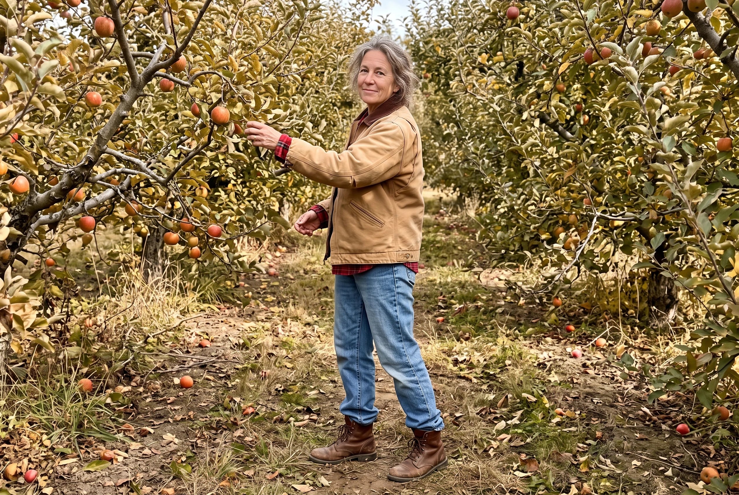 A woman in an apple orchard wears a tan barn jacket, straight-leg jeans, and boots.