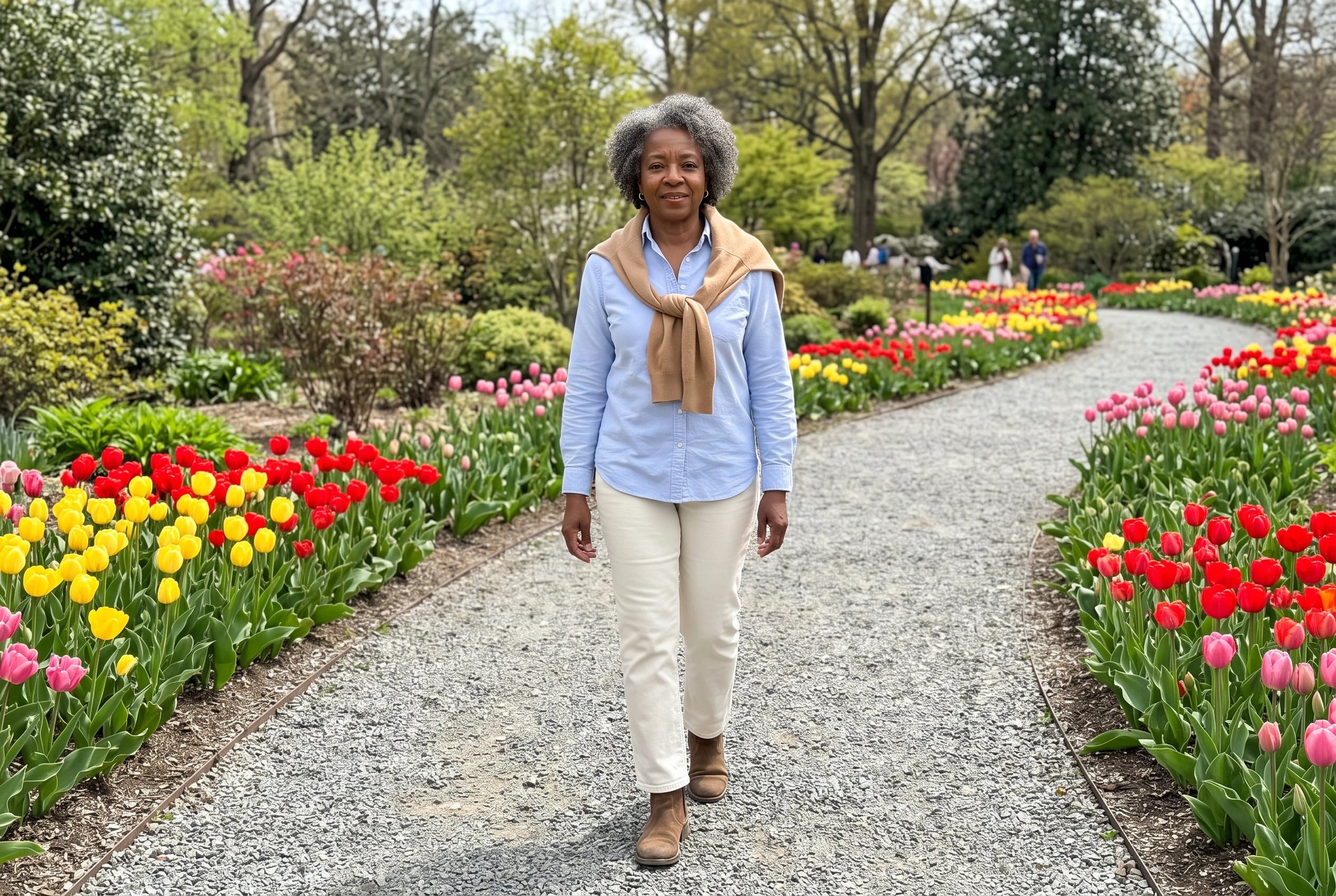 A woman in her sixties wearing cream straight-leg jeans walks a tulip-lined garden path.