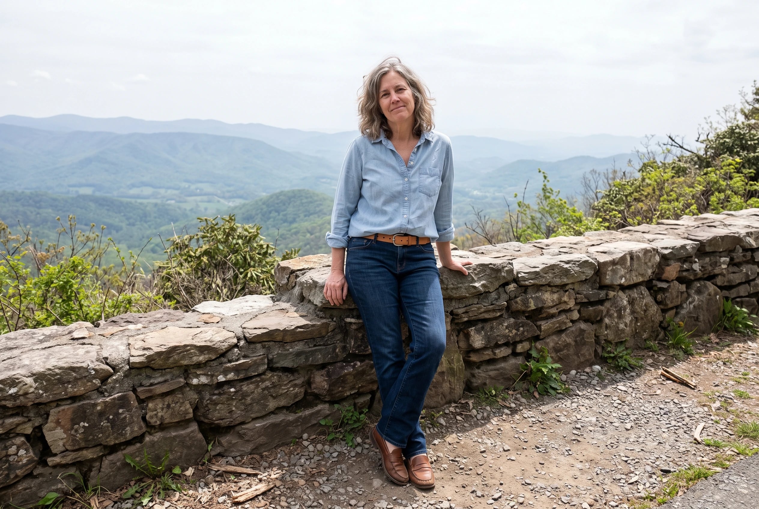 A woman leans against a stone wall wearing a chambray shirt tucked into dark jeans.
