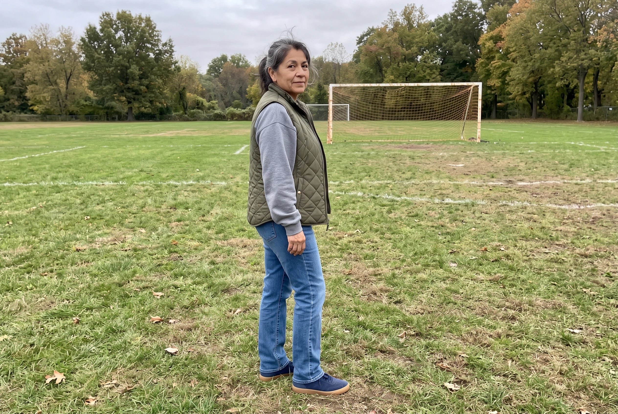 A woman in her fifties wears an olive quilted vest, gray sweatshirt, and blue straight-leg jeans.