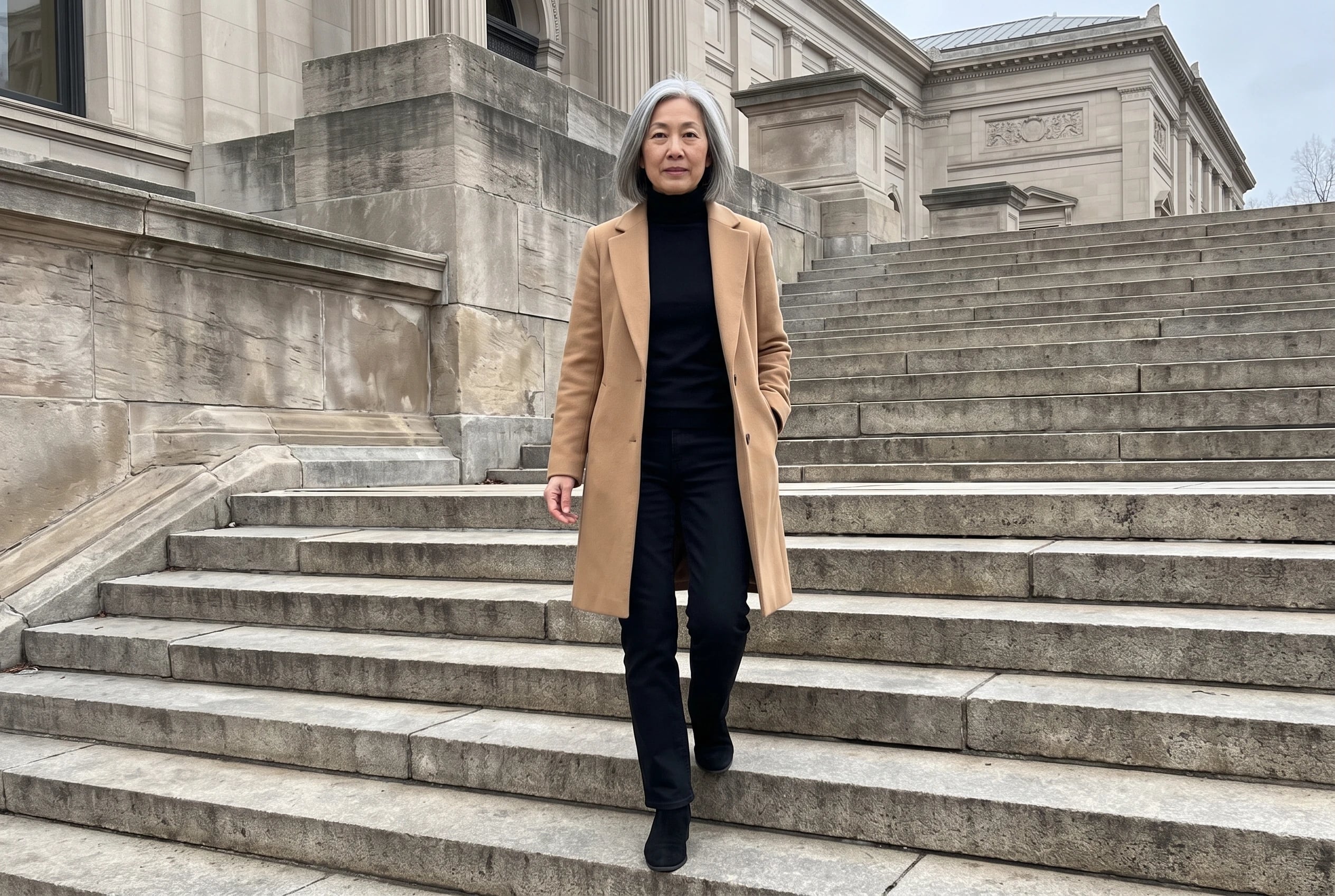 A woman in her sixties walks down steps in black straight-leg jeans and a camel coat.