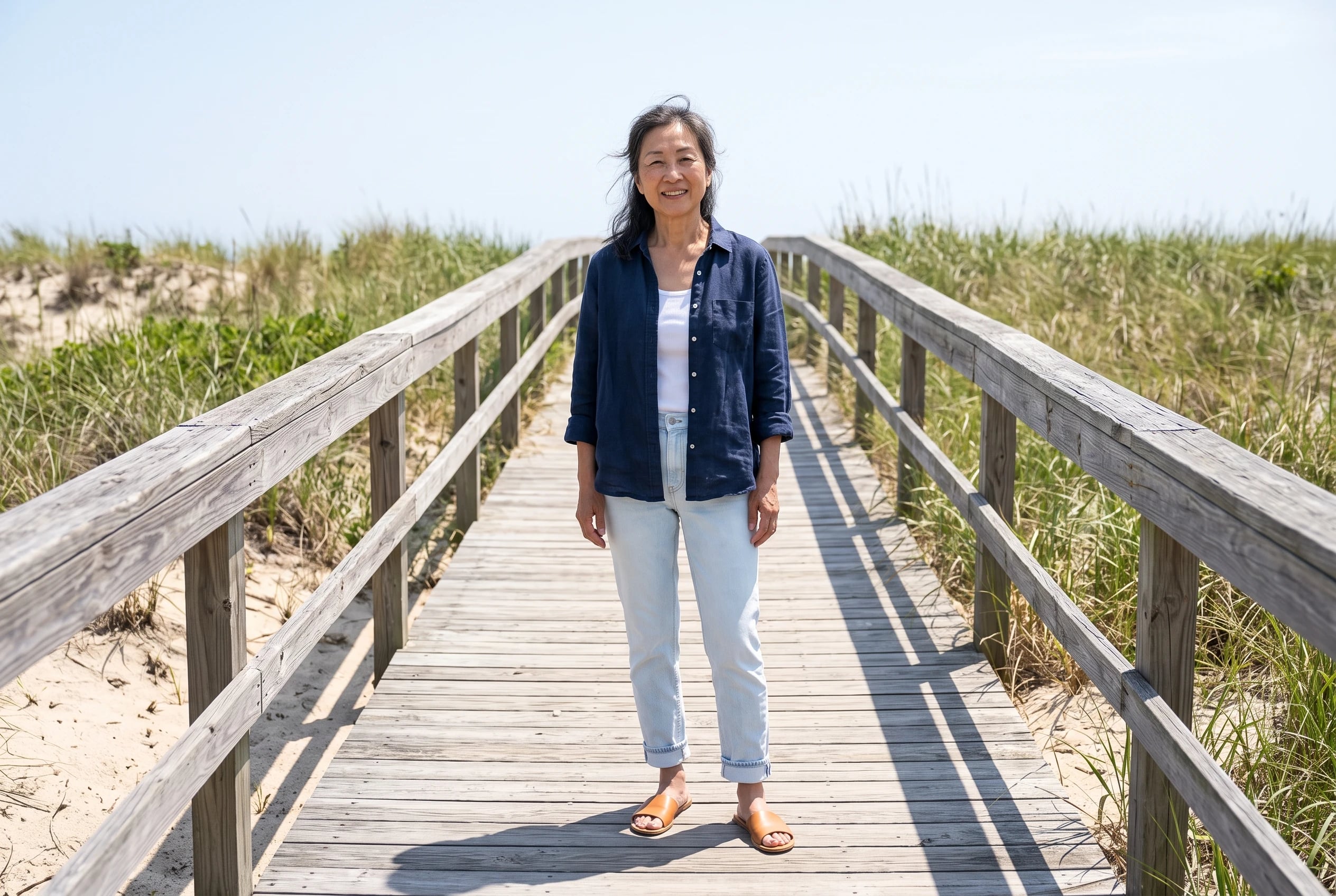 A woman in her sixties stands on a boardwalk wearing cuffed light jeans and sandals.