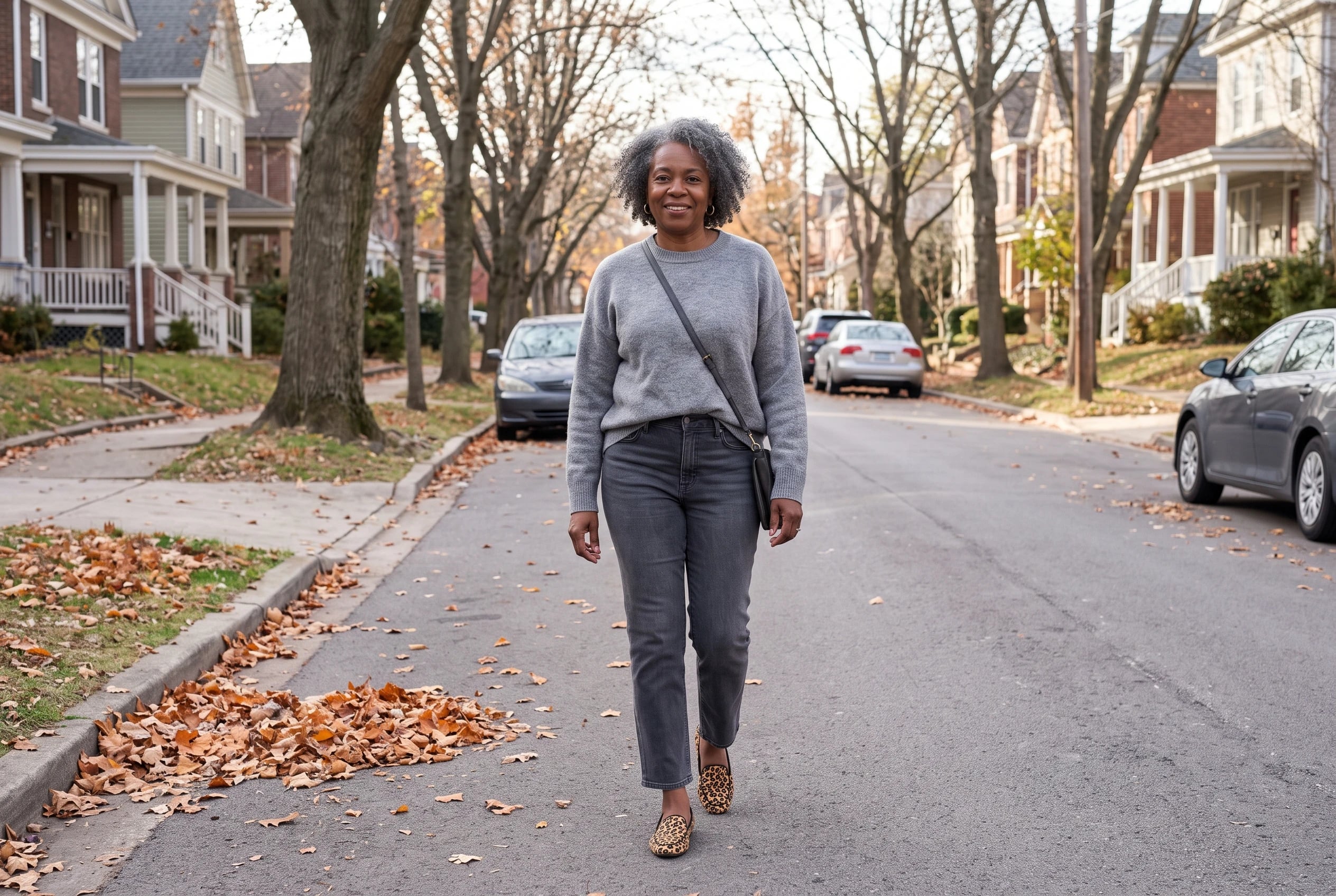 A woman walking on a residential street wears charcoal jeans, a gray sweater, and leopard loafers.
