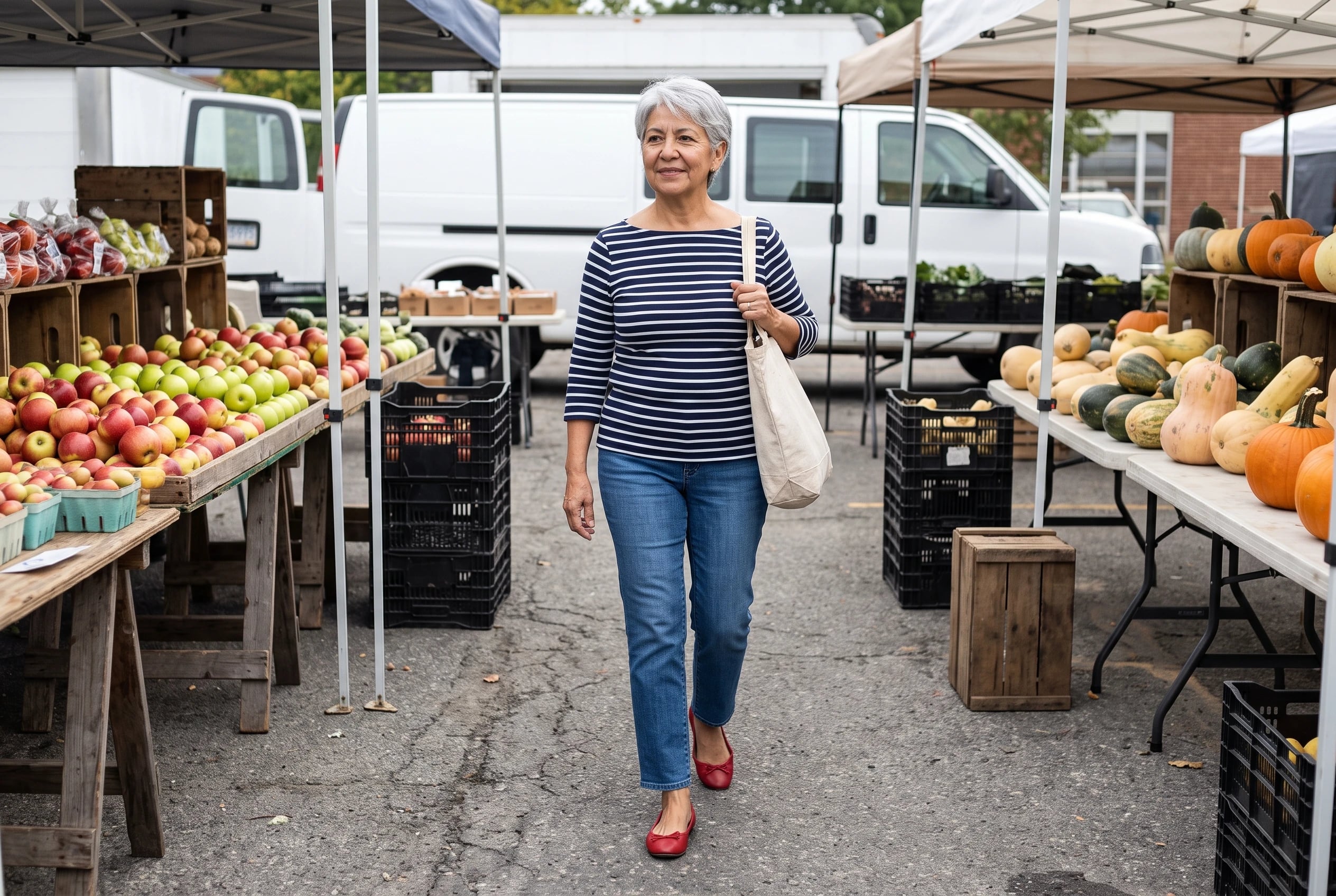 A woman in her sixties wearing straight-leg jeans and red ballet flats at a market.