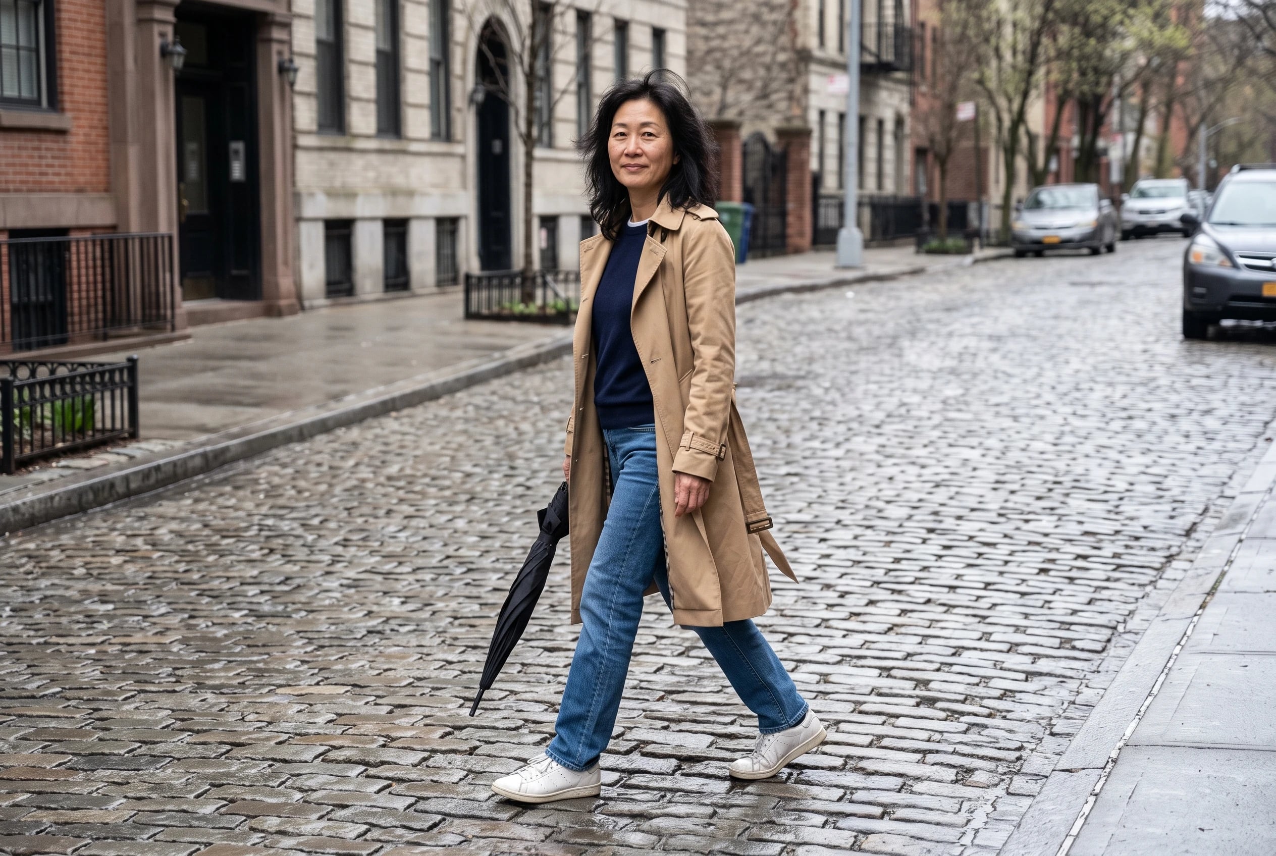 A woman in her fifties walks along a cobblestone street in a tan trench coat and blue jeans.