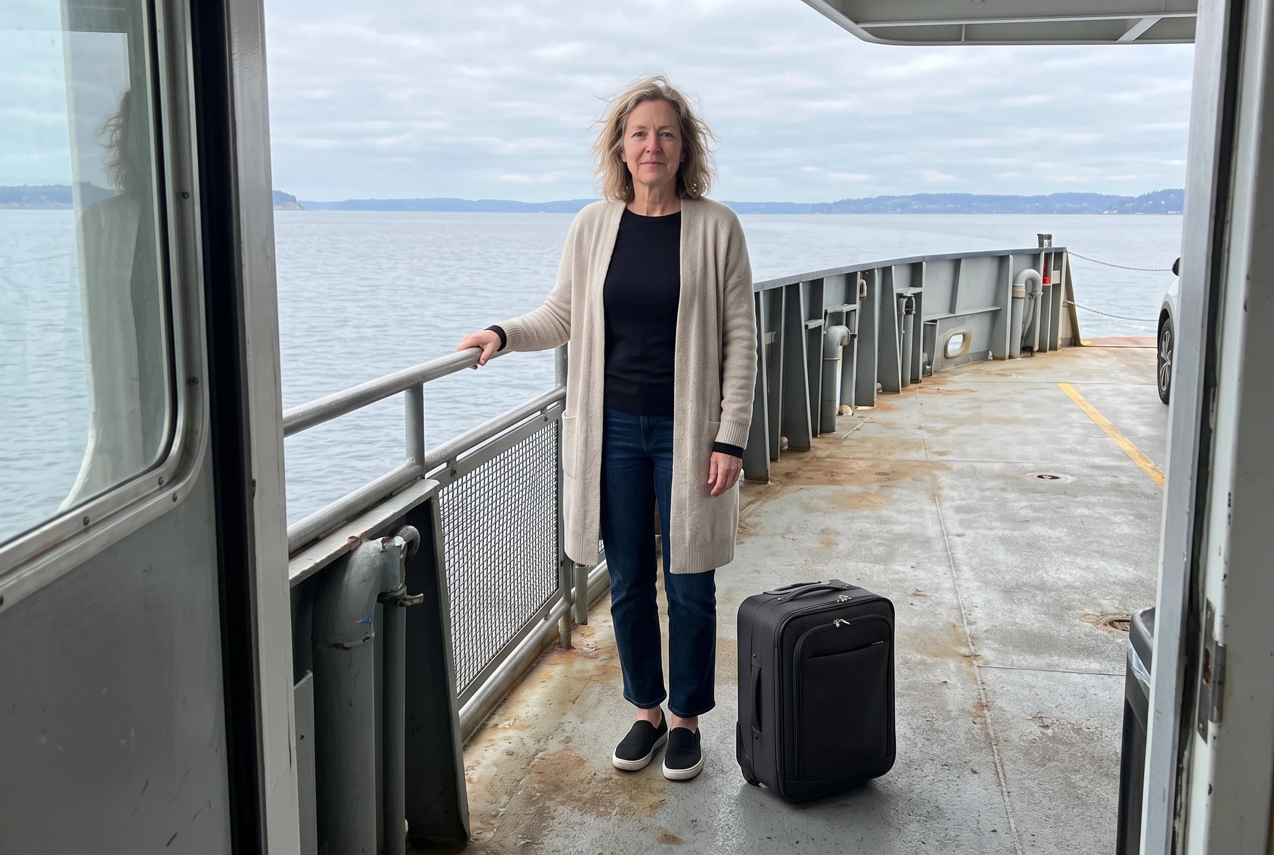 A woman in straight-leg jeans and a long cardigan stands beside a suitcase on a ferry.