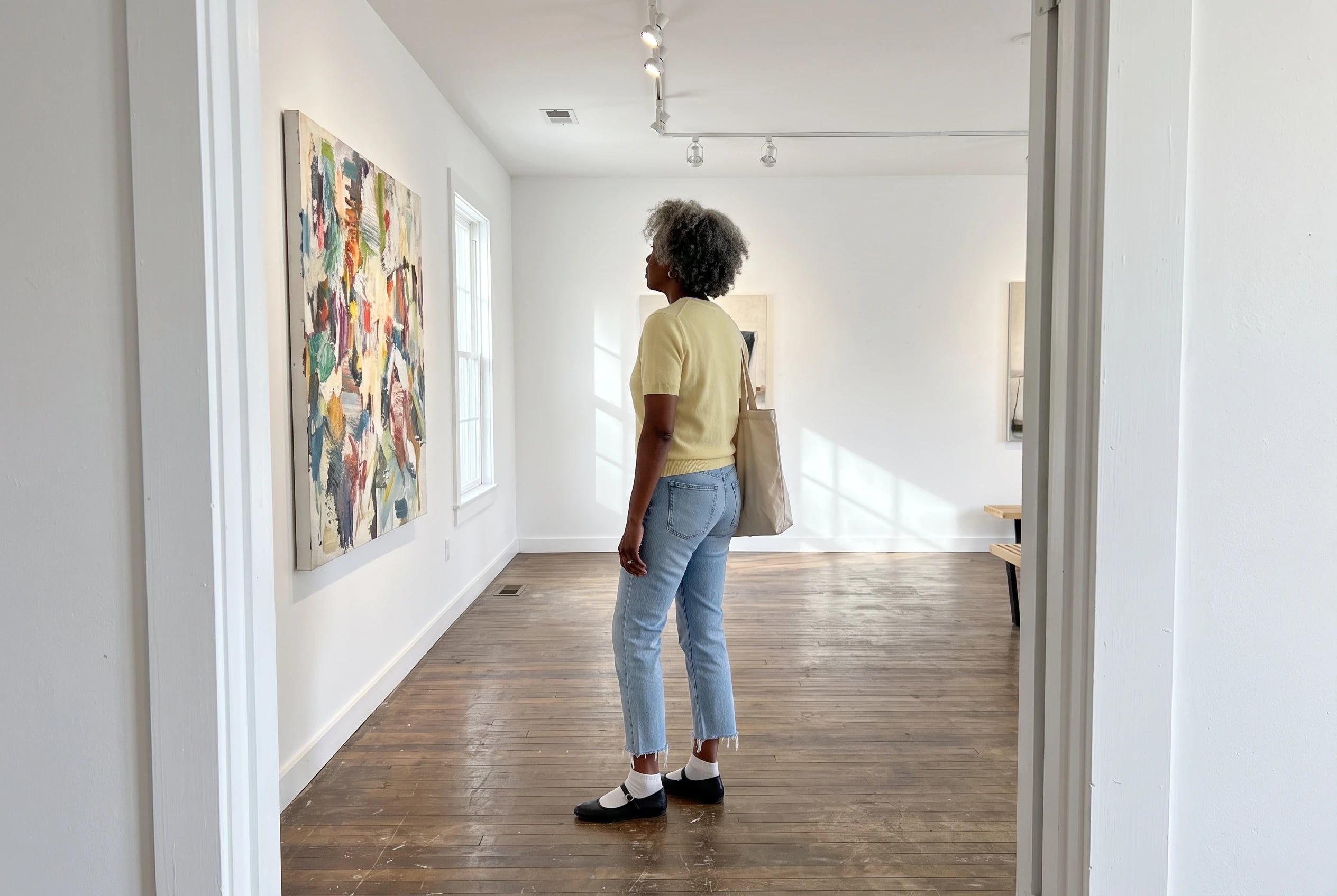 A woman wearing cropped straight-leg jeans and black Mary Jane flats looks at a painting.