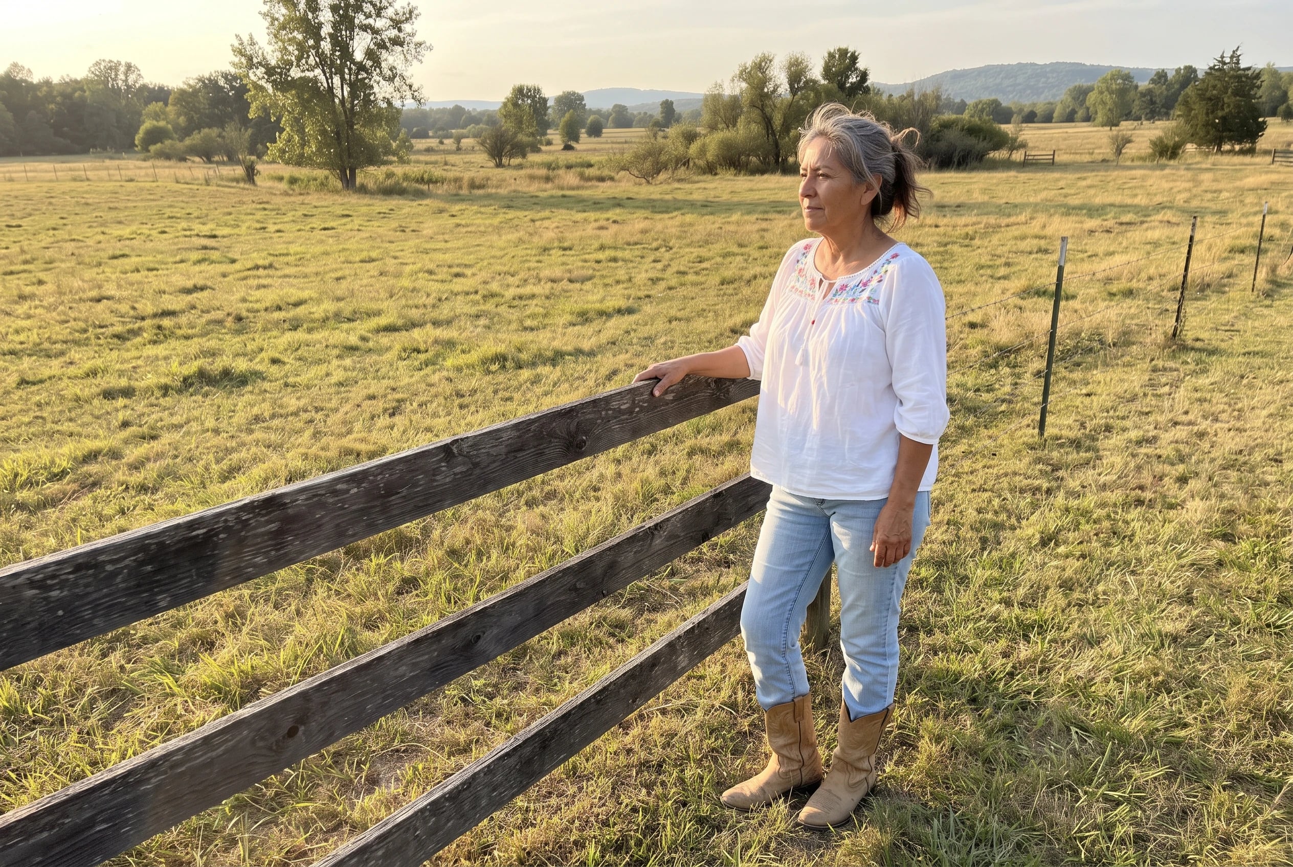A woman in her sixties wears straight-leg jeans and tan western boots beside a fence.