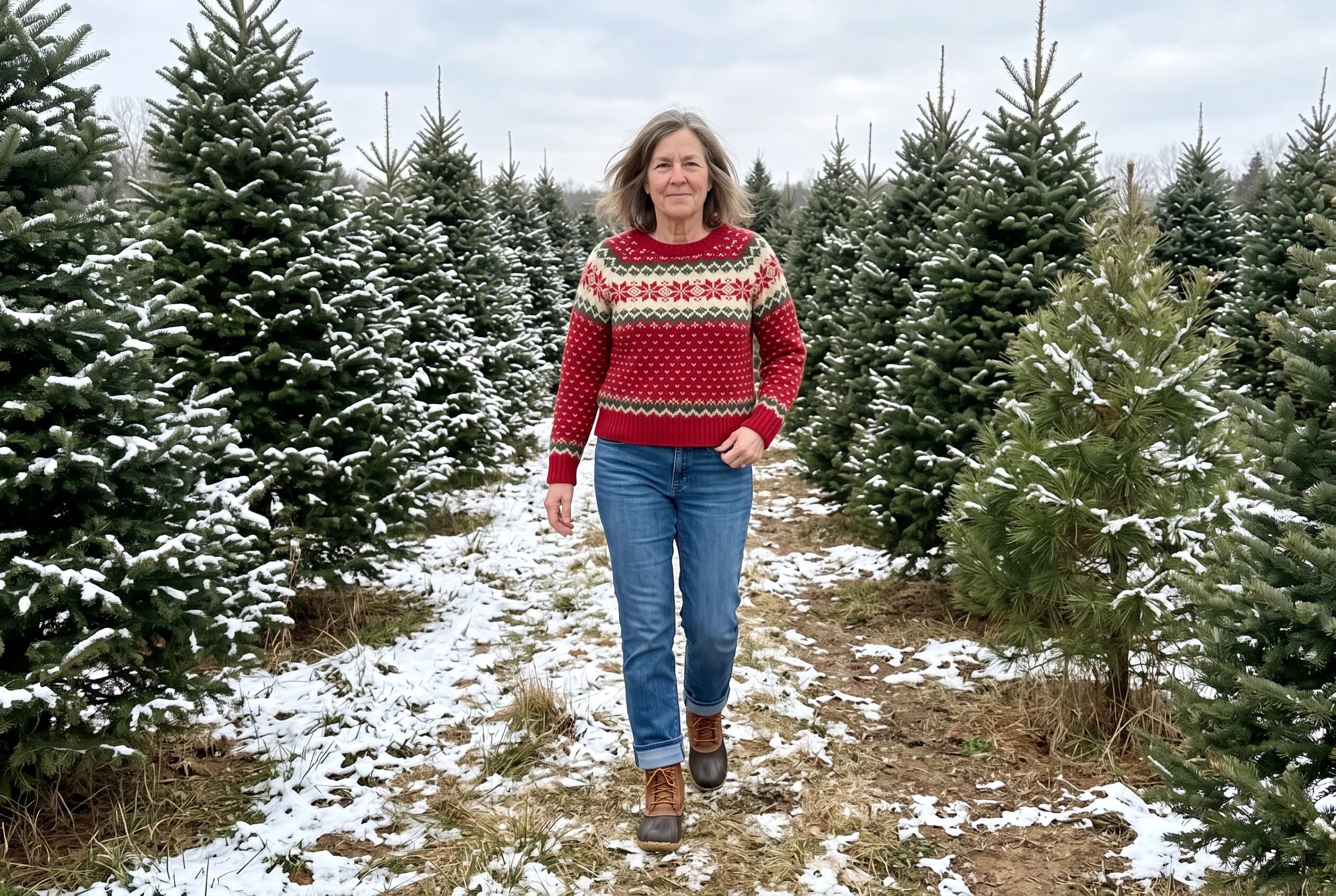 A woman walks through a tree farm wearing a red Fair Isle sweater and jeans.