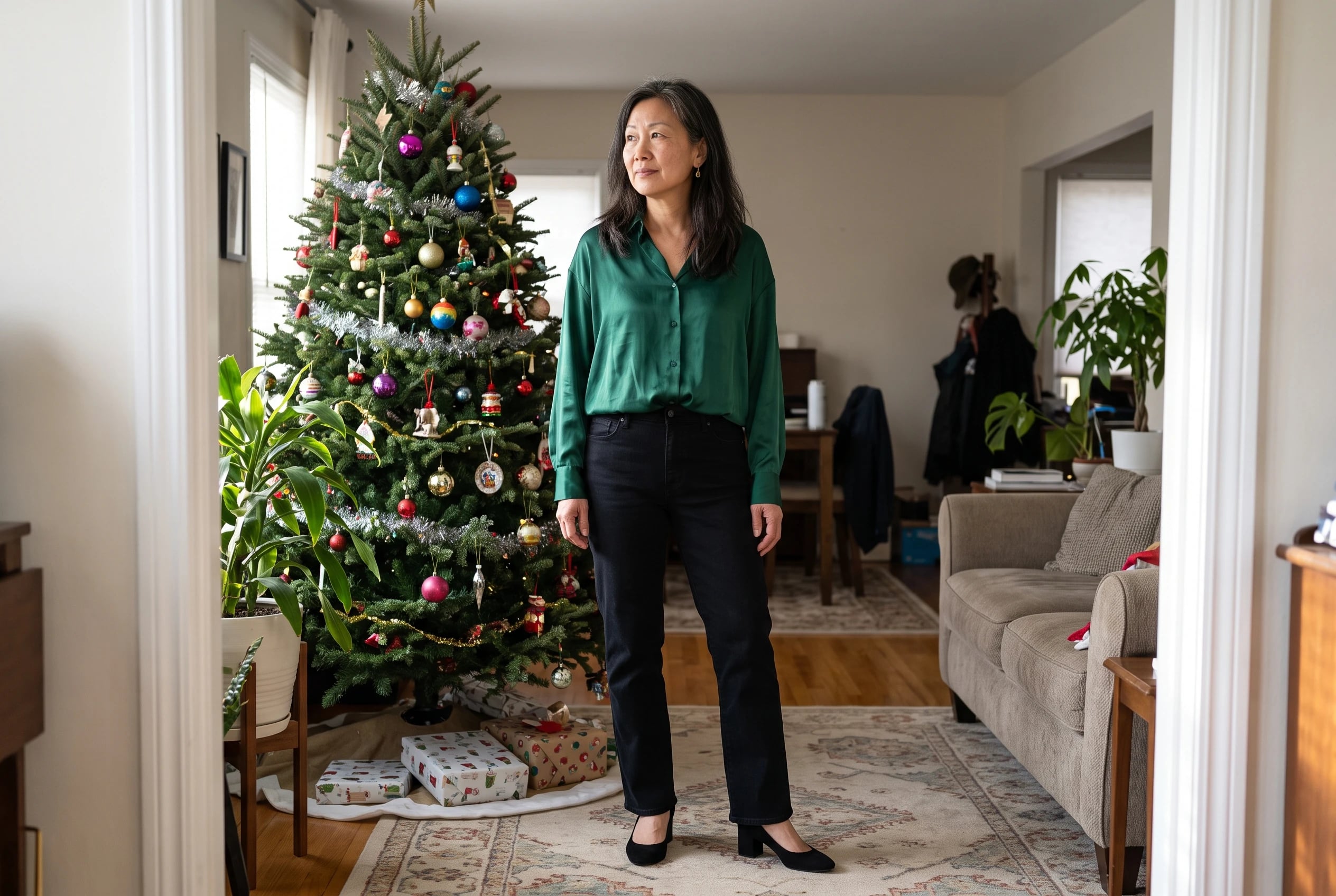 A woman in her sixties stands beside a Christmas tree wearing an emerald satin blouse and black jeans.