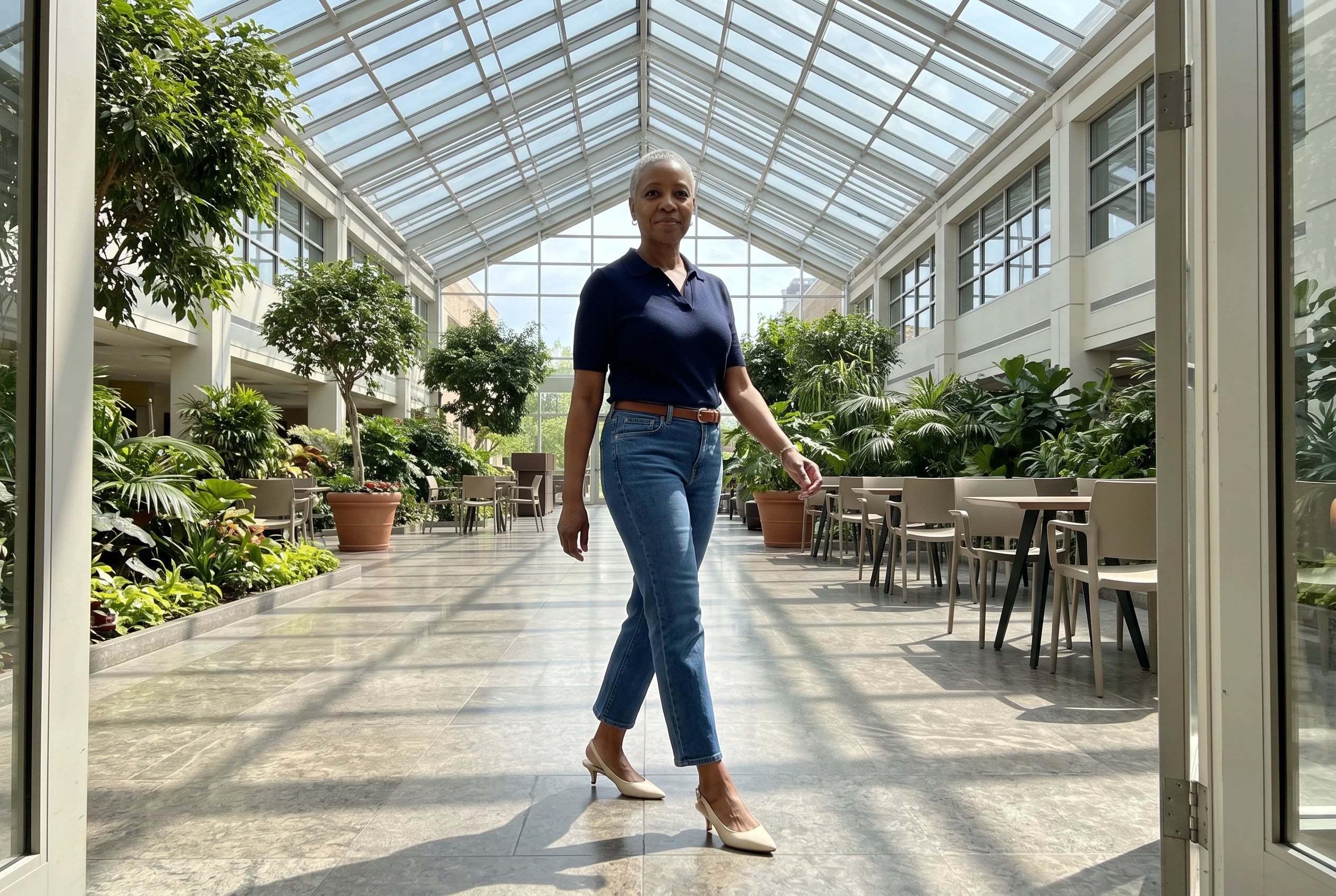 A woman in her fifties walks through an atrium wearing straight-leg jeans and slingback heels.