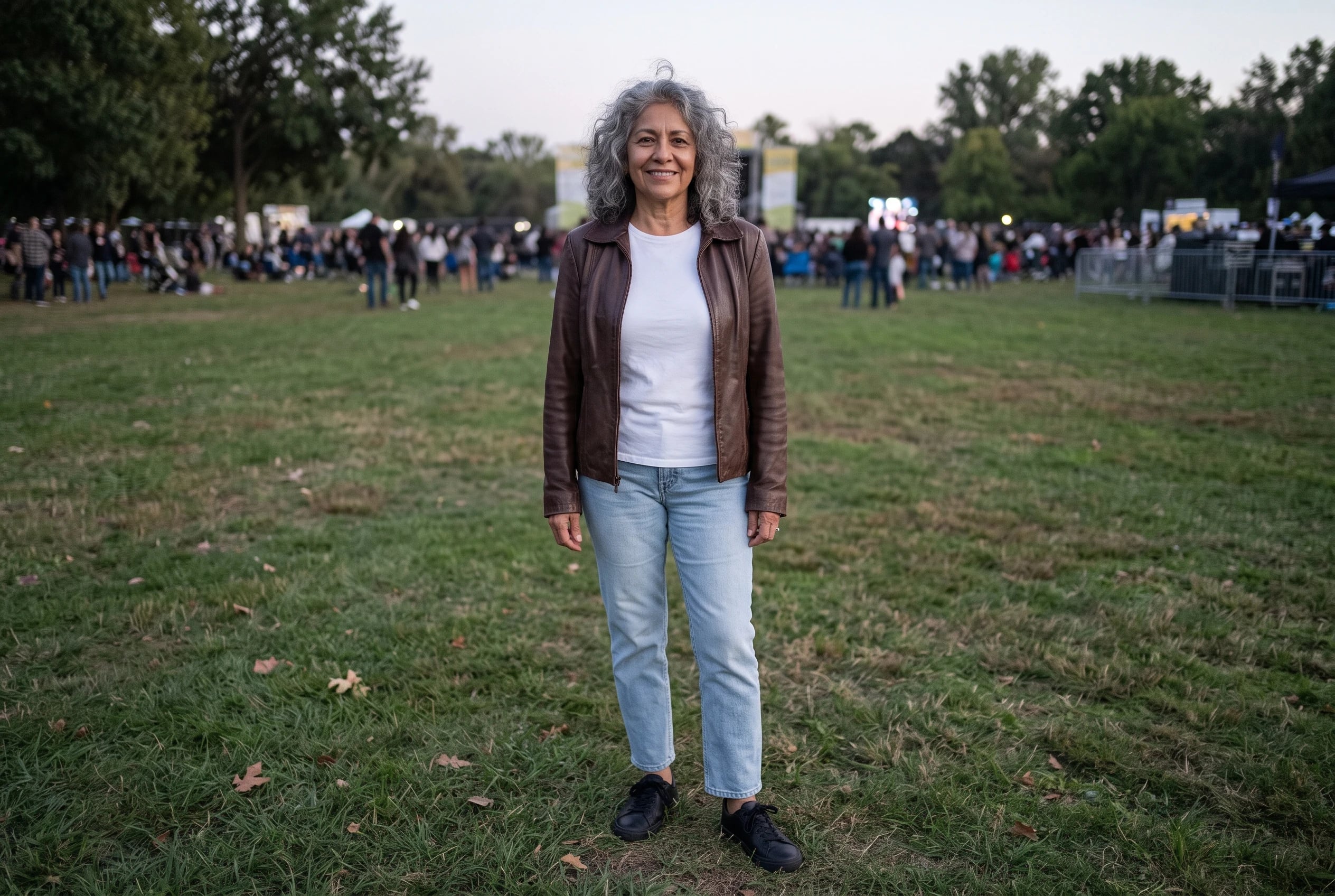 A woman in her late fifties wears a brown leather jacket with light-wash straight-leg jeans.