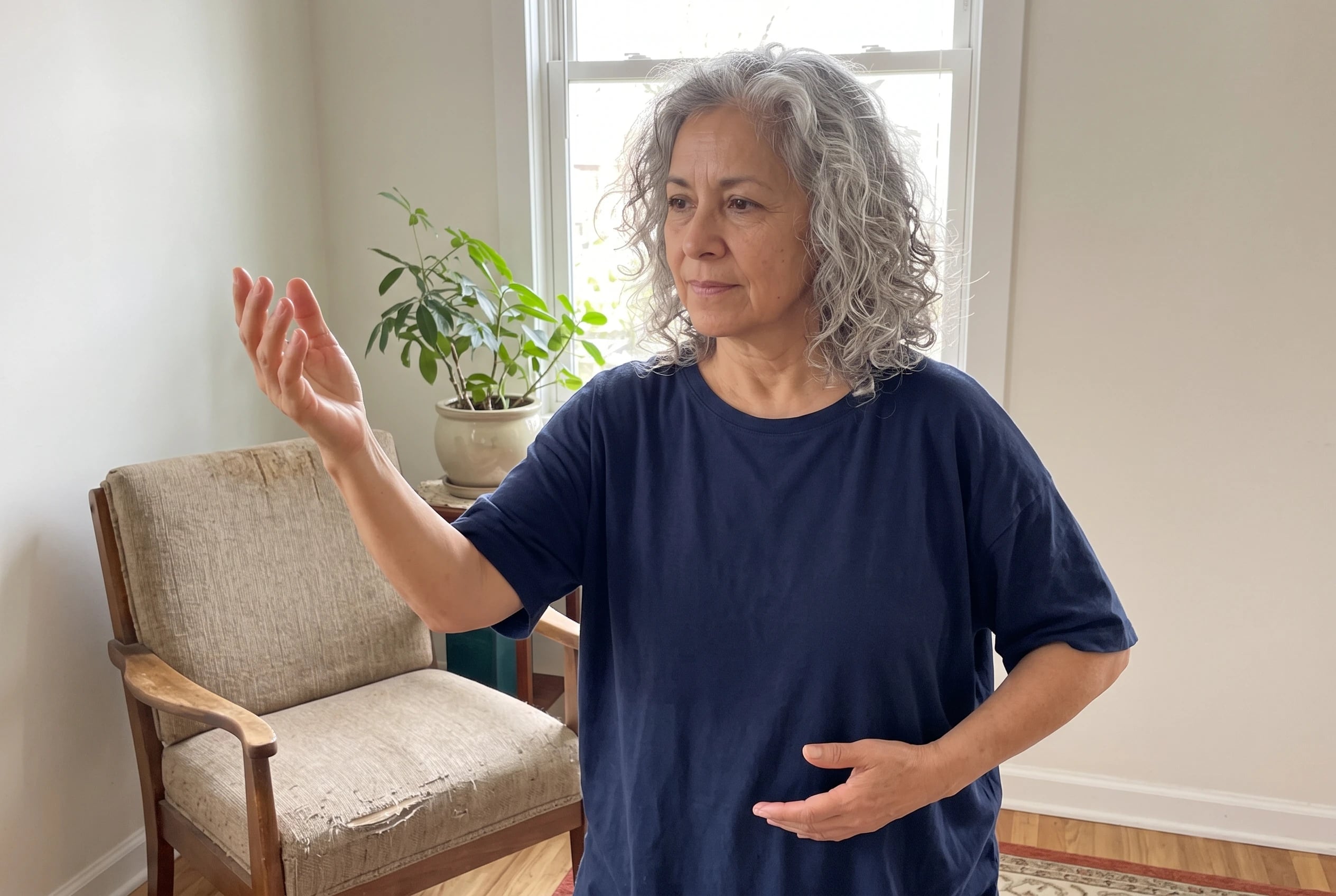 Woman moving through a tai chi weight shift beside a chair in a cleared living room.