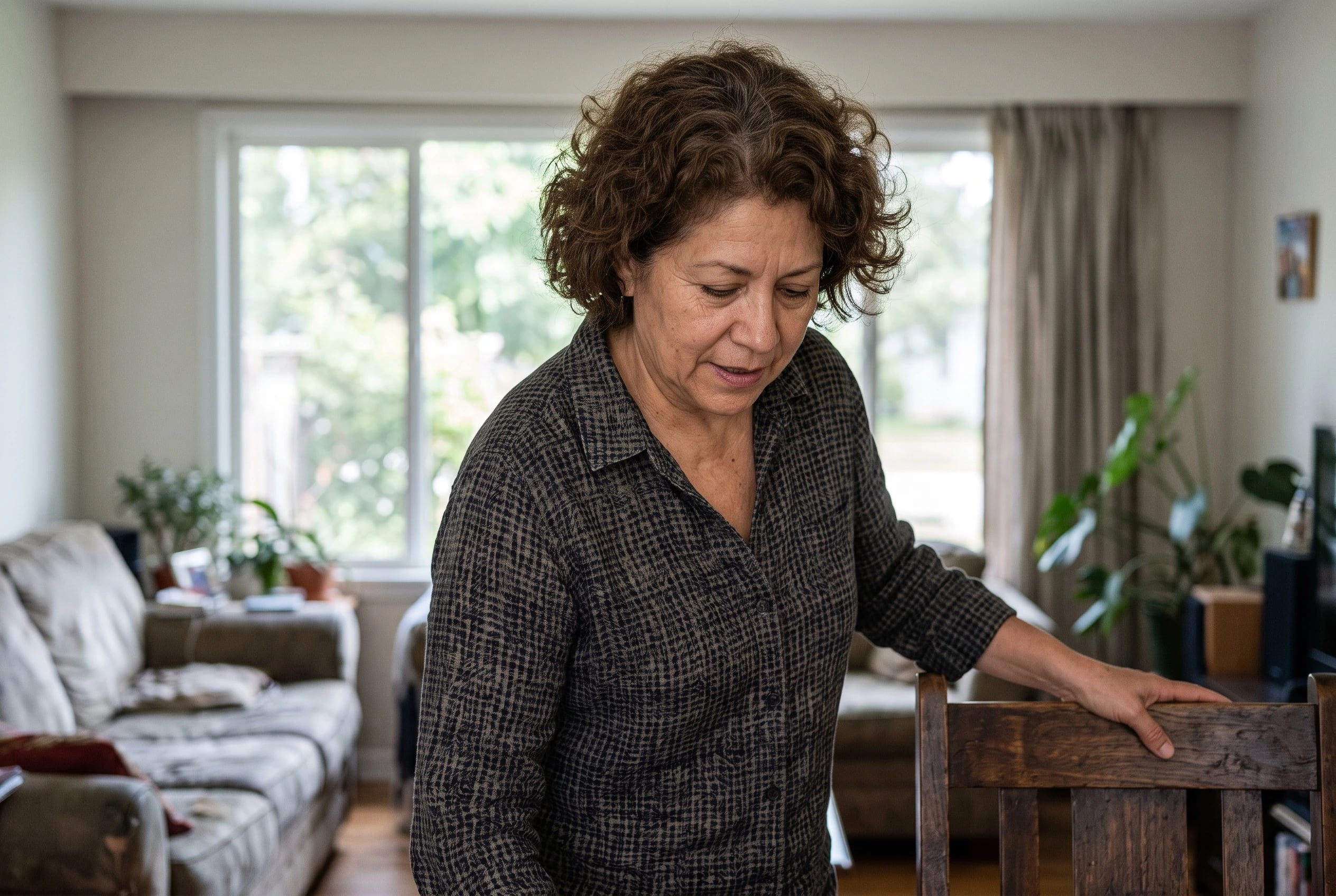 Woman lifting one foot while holding the back of a sturdy chair in her living room.