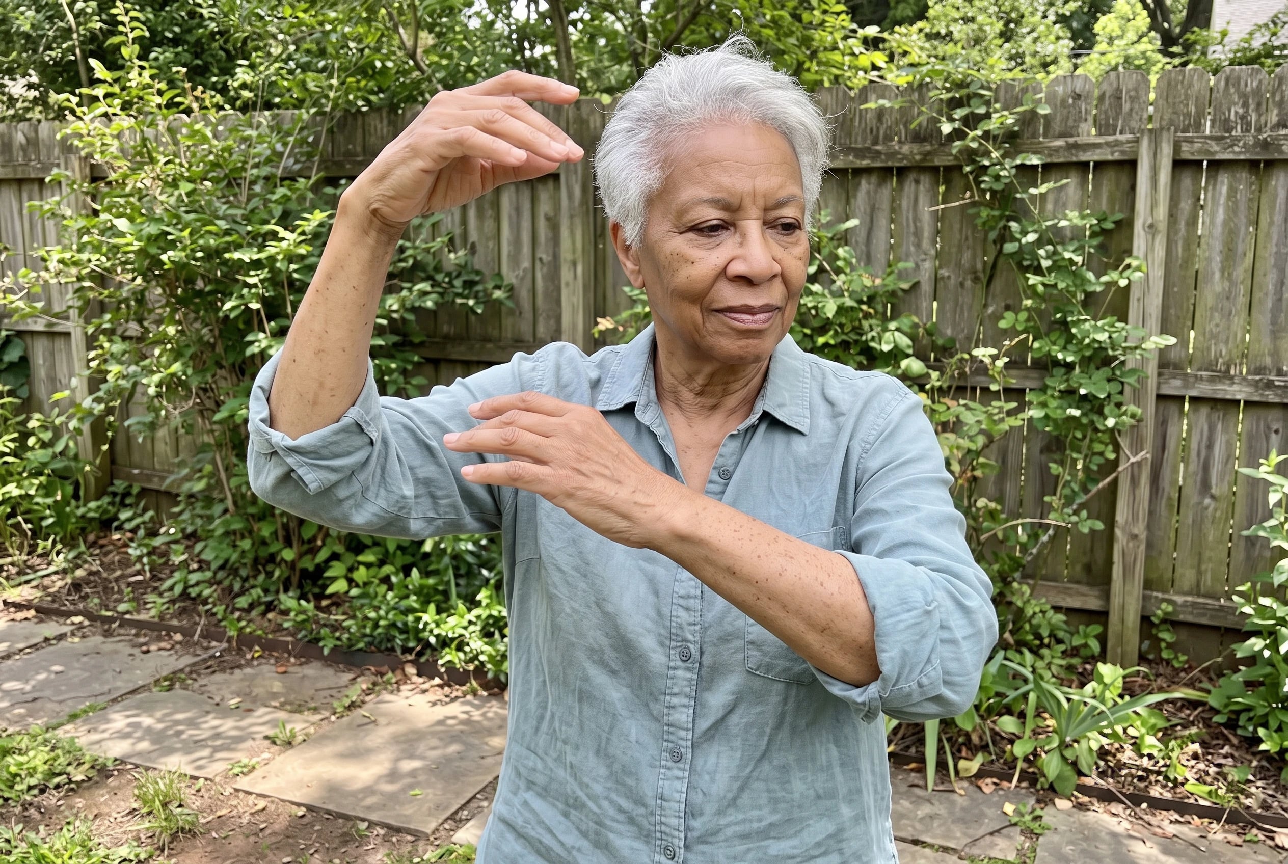 Woman tracing a curved path with her arms on a flat garden path.