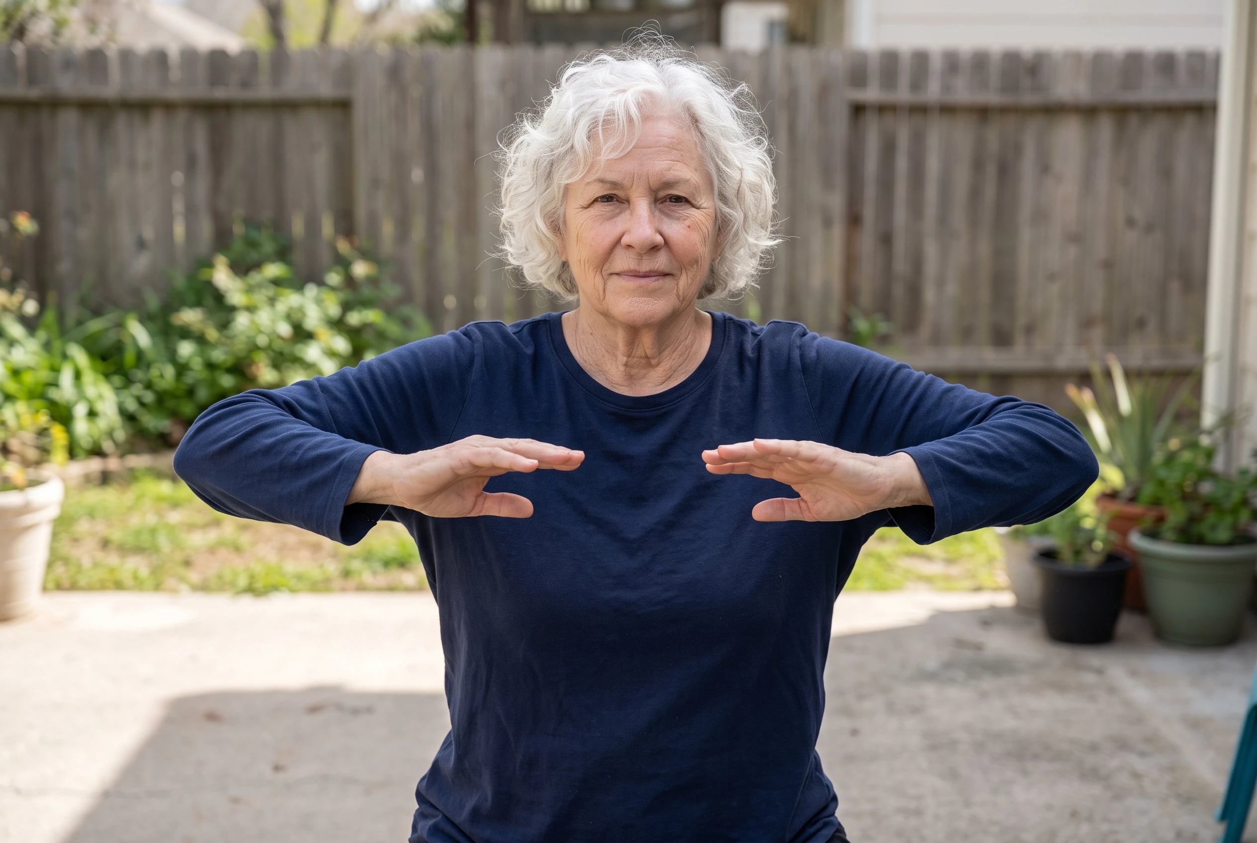 Woman drawing her arms apart in a mini horse stance on a level patio.