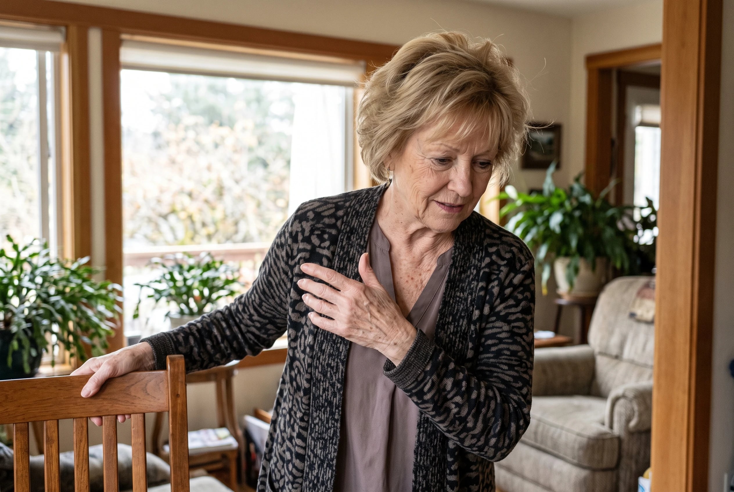 Woman holding a chair while making a small torso turn in her den.