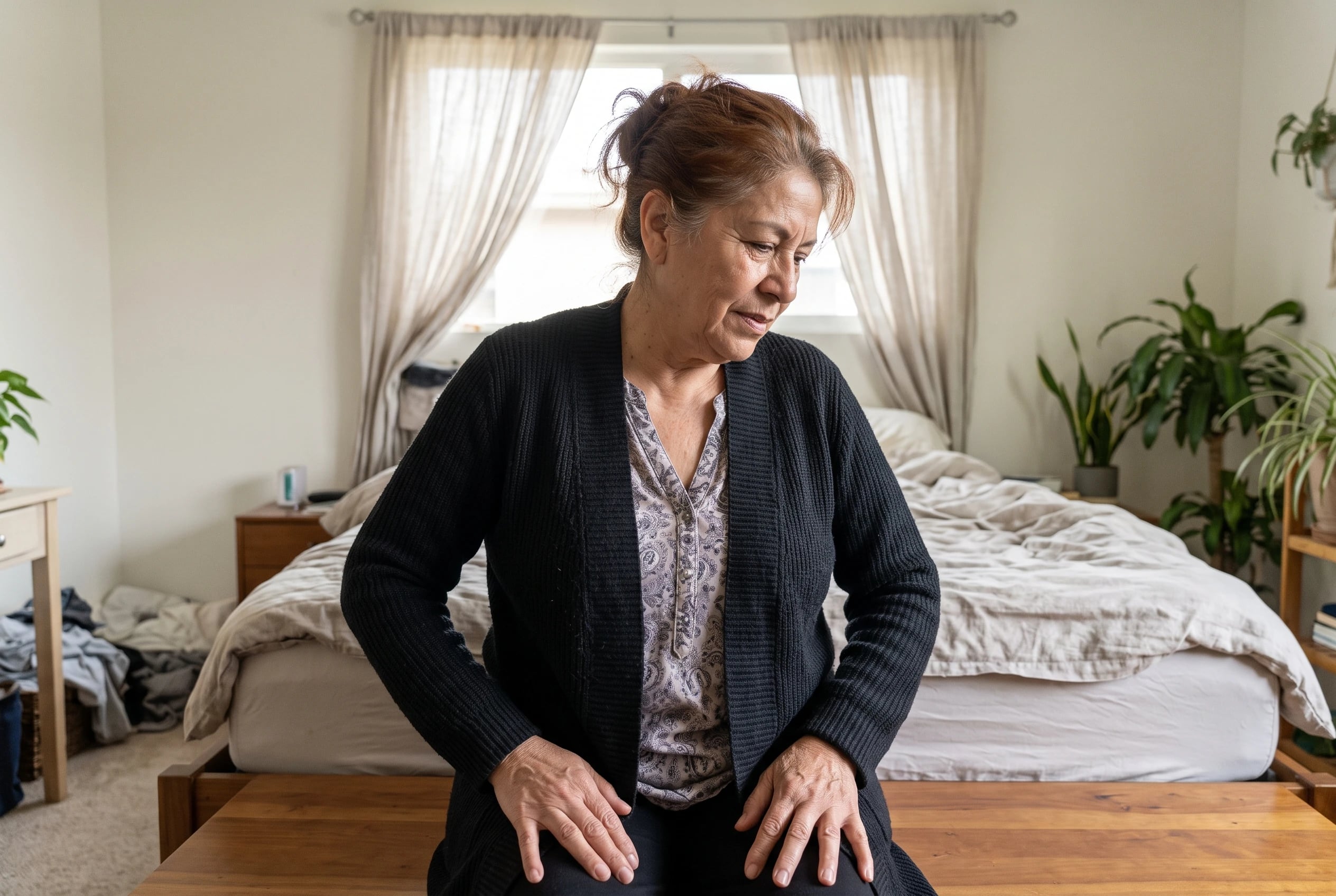 Woman rolling her shoulders while seated on a bench in her bedroom.
